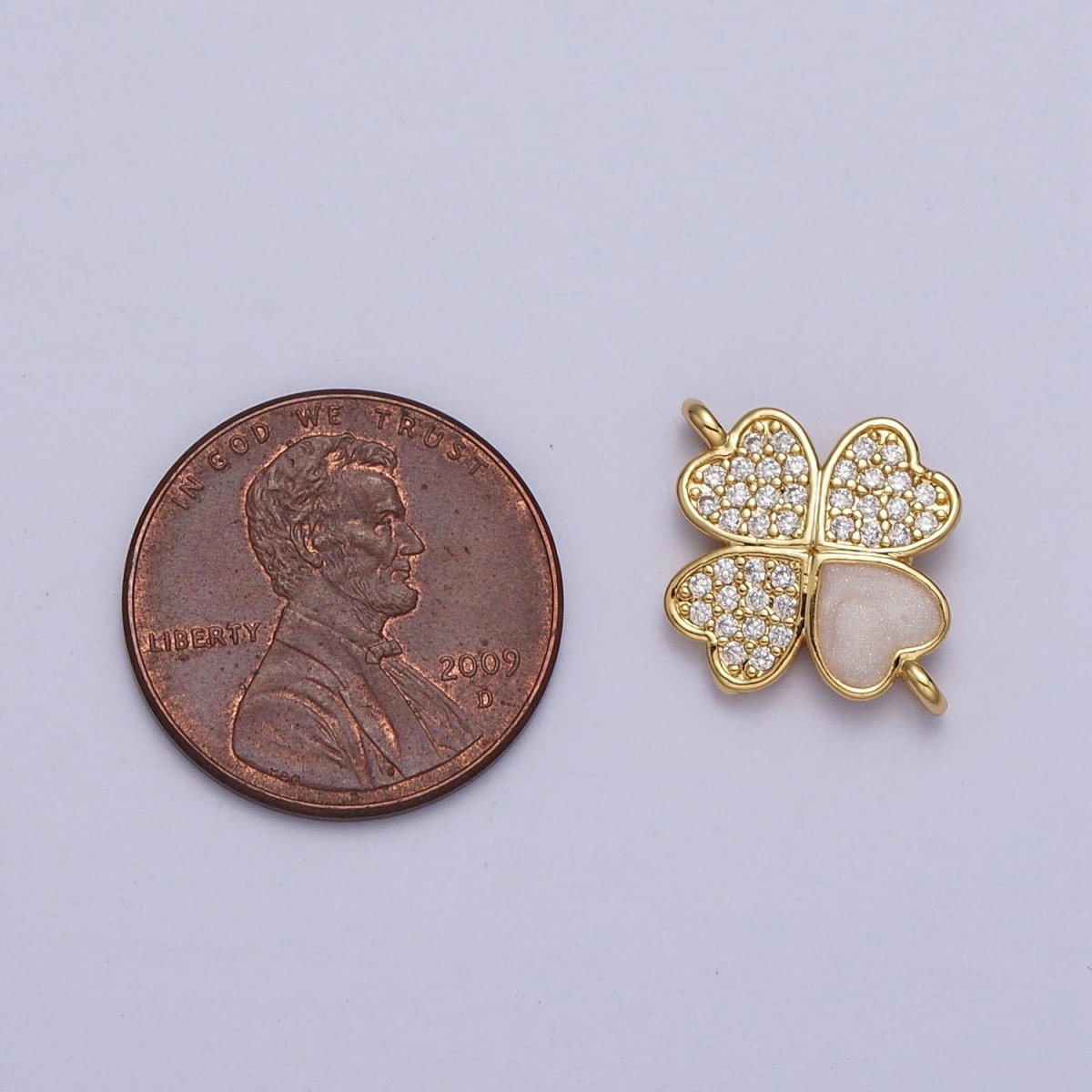Gold Quatrefoil Clover Clear Micro Paved CZ White Enamel Connector | Y-665 - DLUXCA