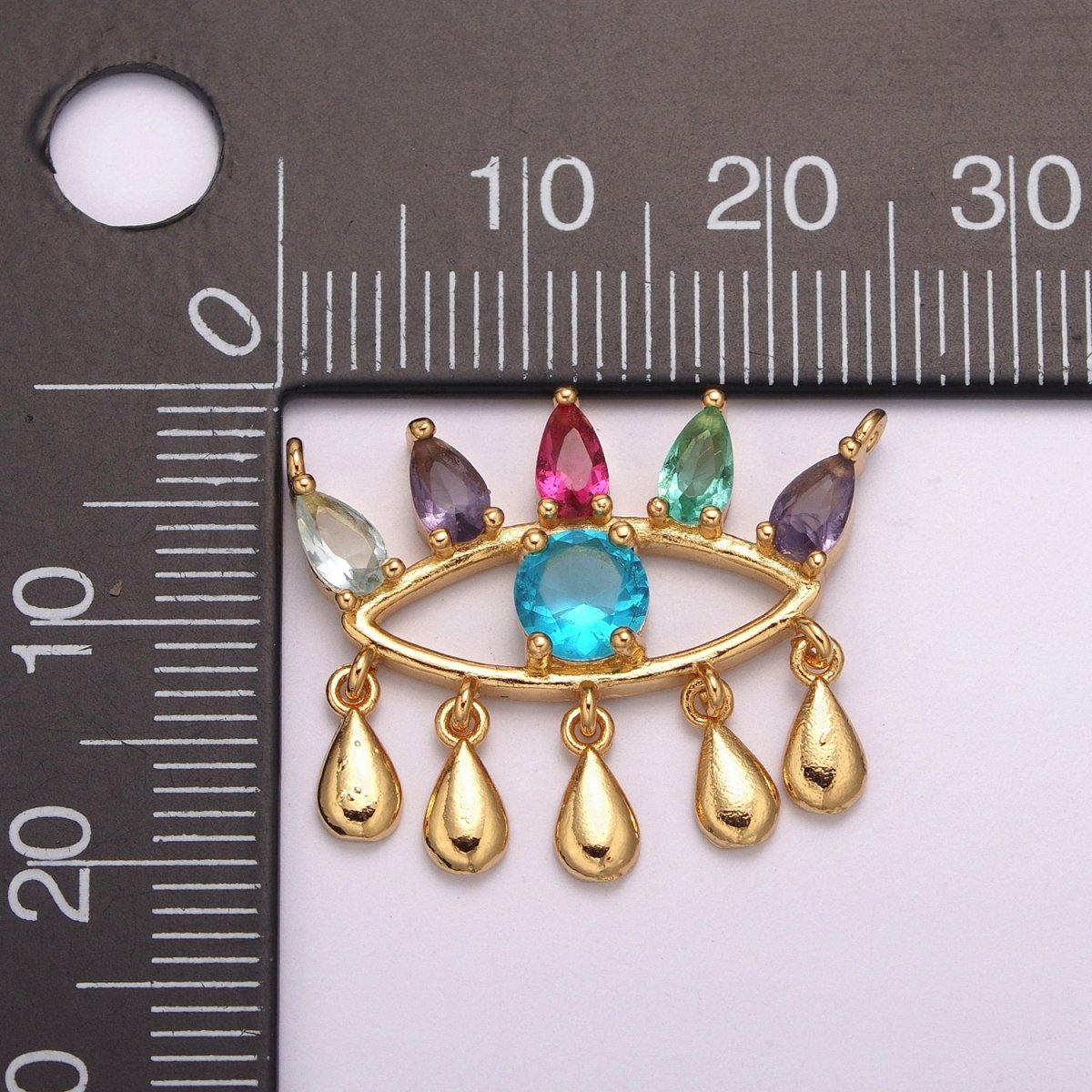 Gold Rainbow Cz Evil Eye Connector with Cubic Zirconia Link Connector Necklace Component F-738