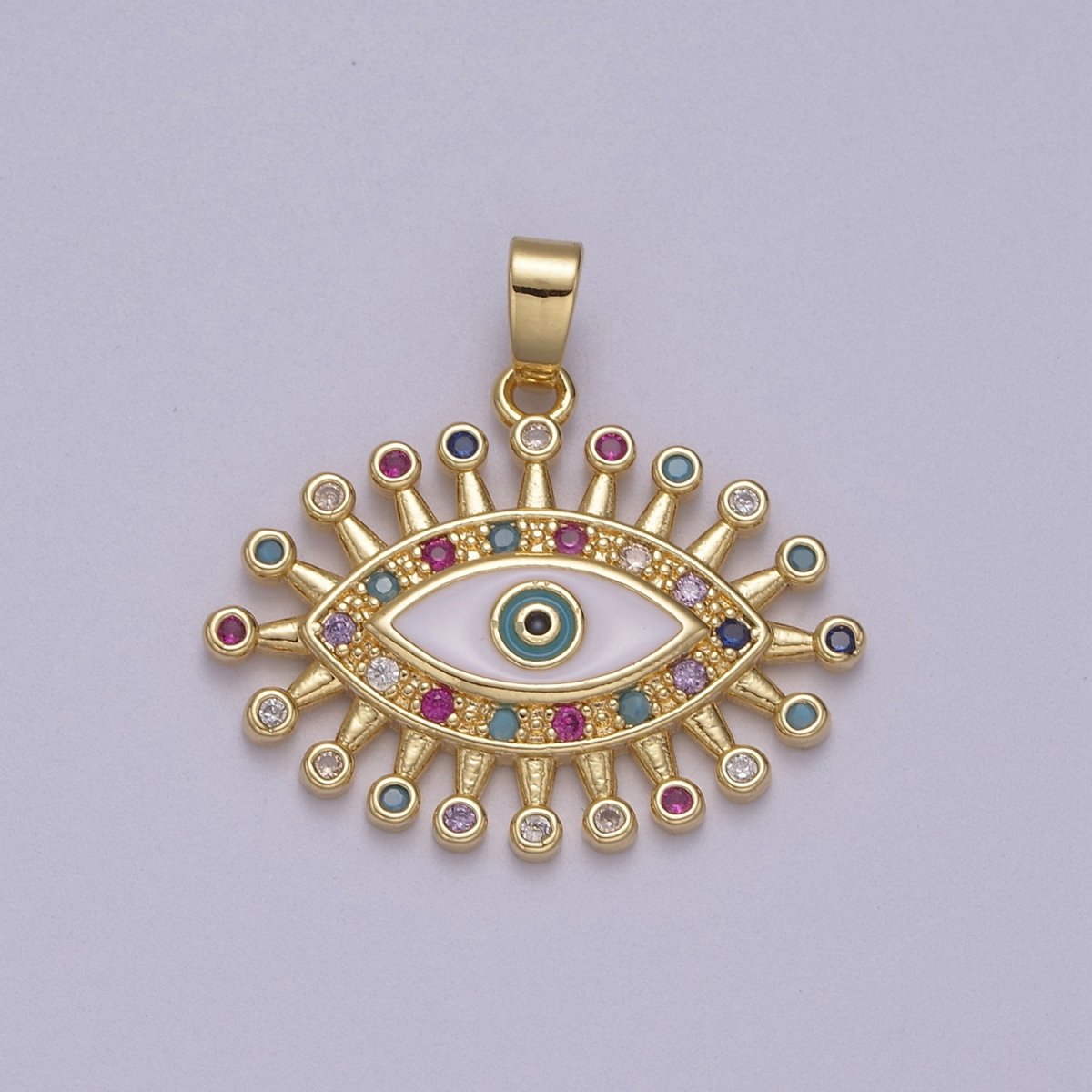Gold Rainbow CZ Multi Color Cubic Zirconia Evil Eye Charm Pendant N-607