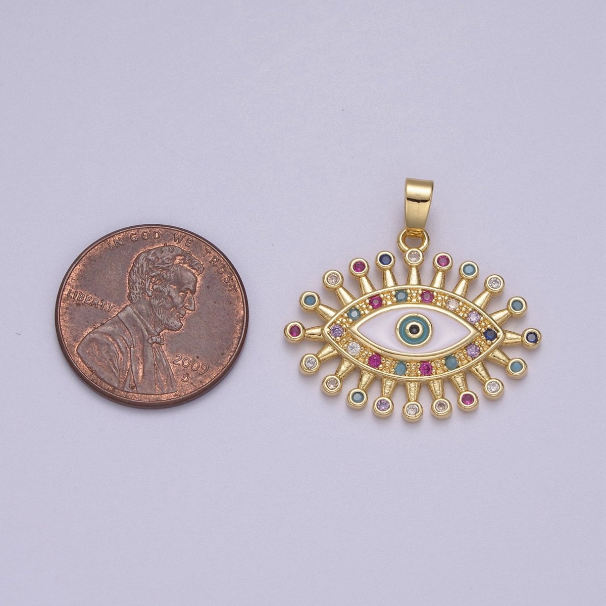 Gold Rainbow CZ Multi Color Cubic Zirconia Evil Eye Charm Pendant N-607