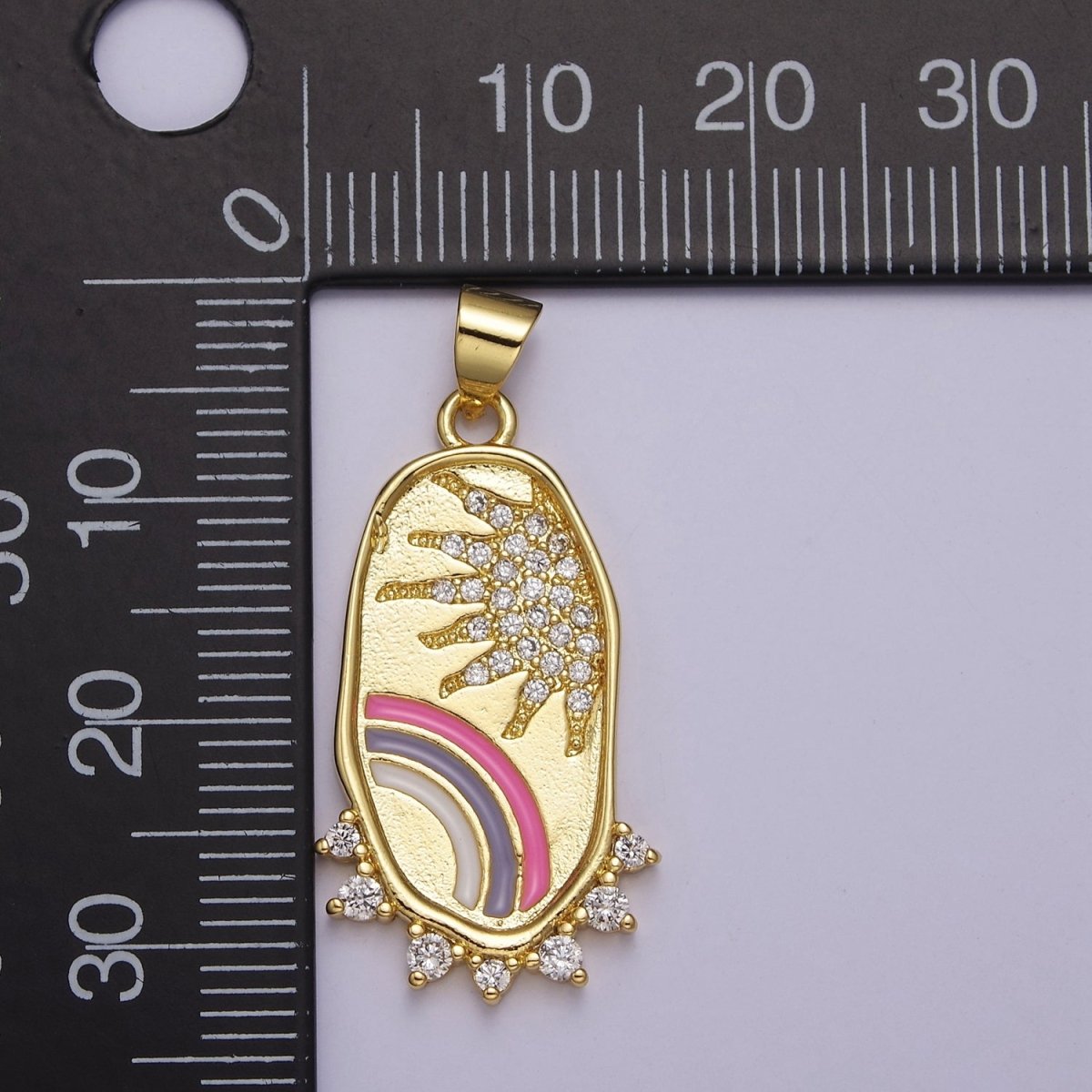 Gold Rainbow Medallion Pendant Oval Sun CZ Celestial Jewelry for Necklace Earring Charm J-737