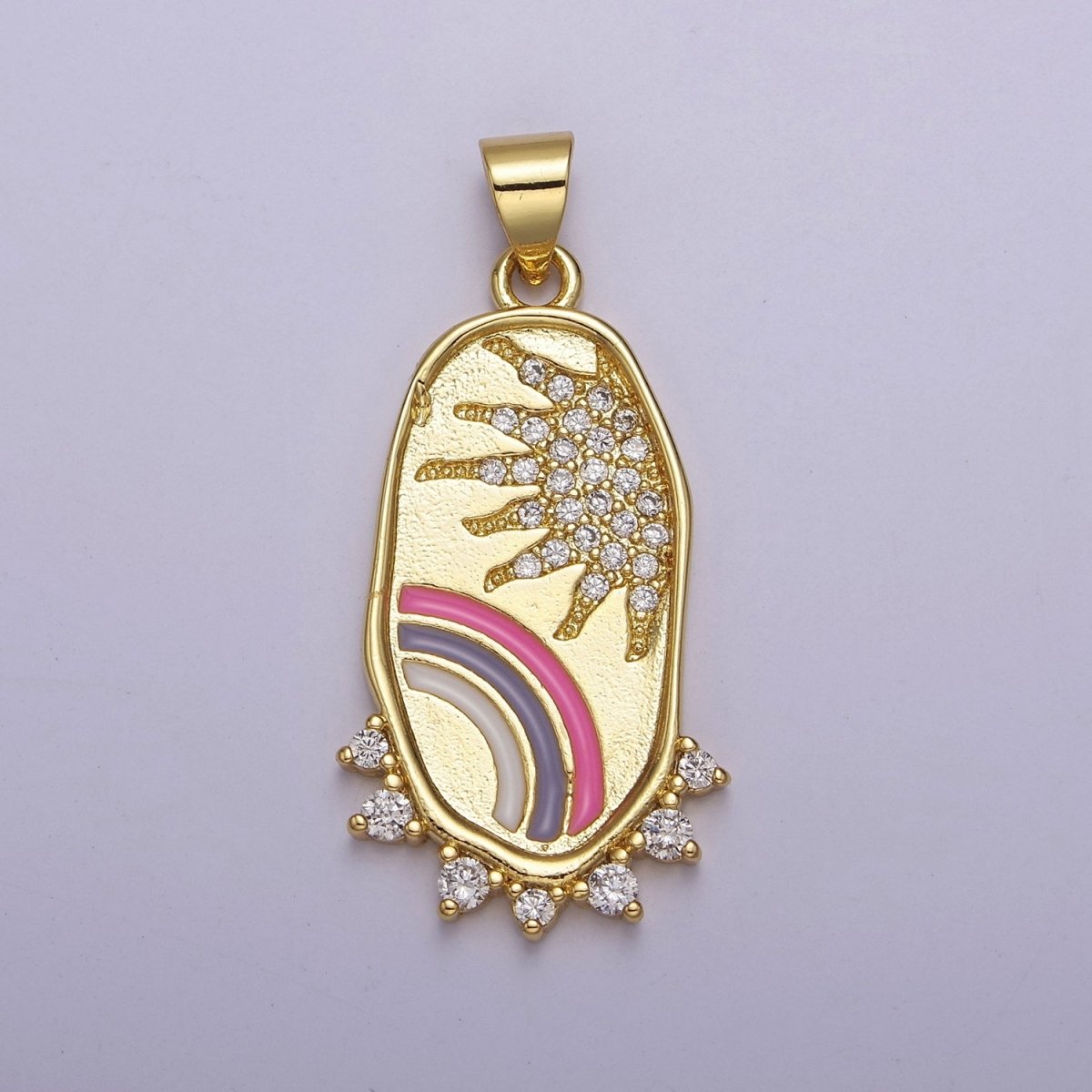 Gold Rainbow Medallion Pendant Oval Sun CZ Celestial Jewelry for Necklace Earring Charm J-737
