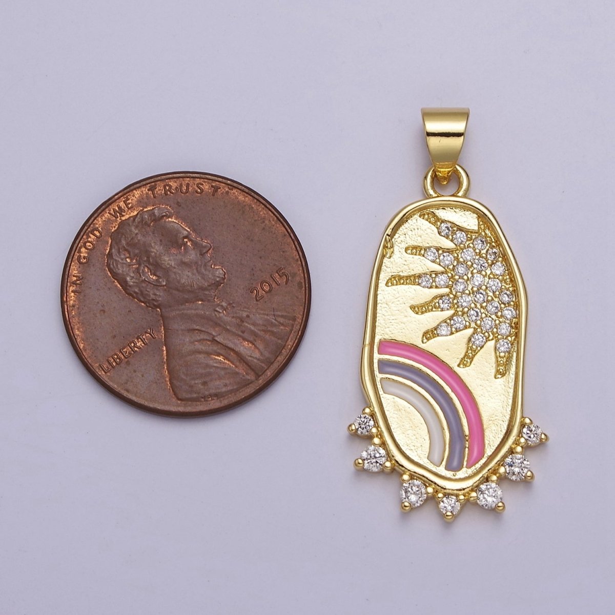 Gold Rainbow Medallion Pendant Oval Sun CZ Celestial Jewelry for Necklace Earring Charm J-737