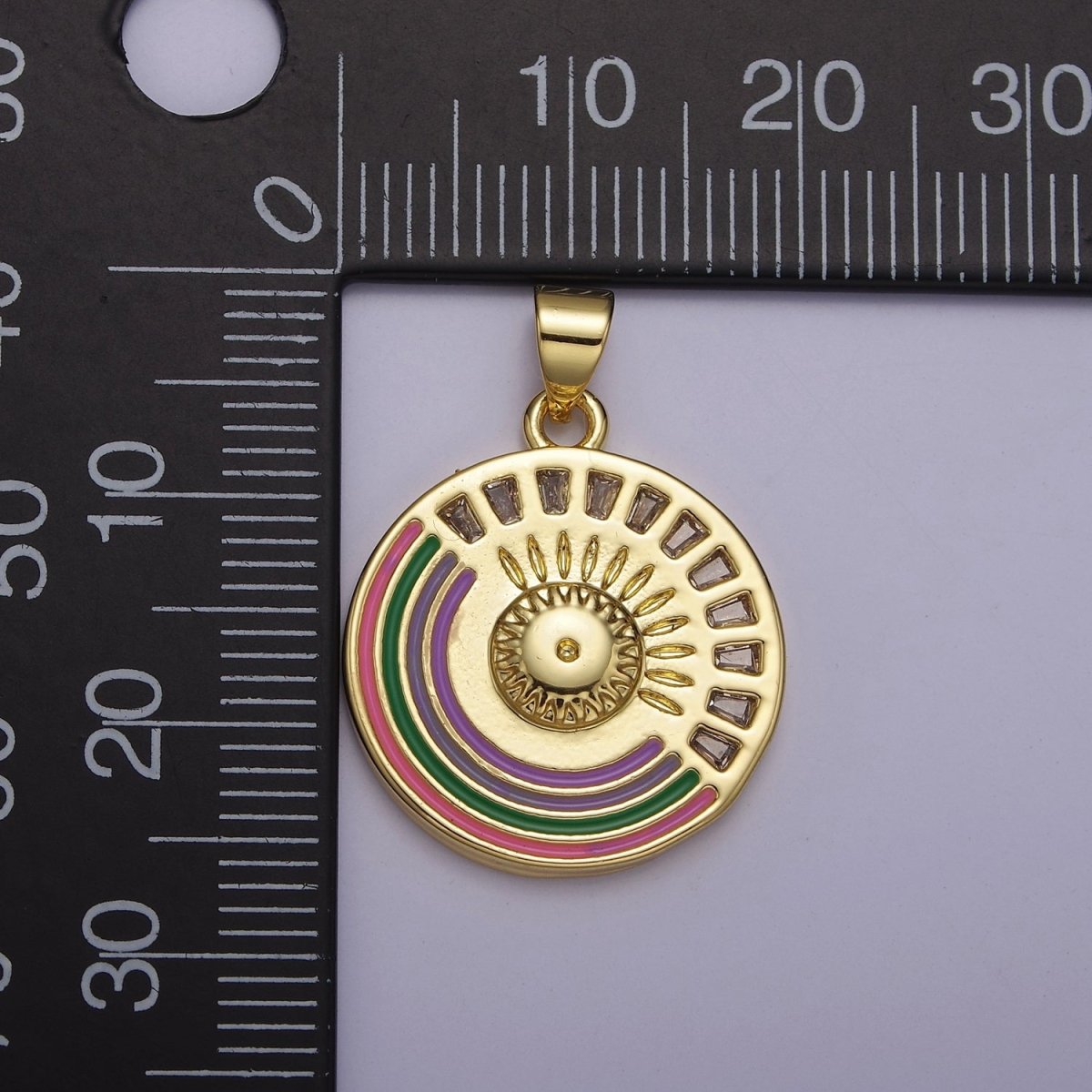 Gold Rainbow Medallion Pendant Round Disc Celestial Jewelry for Necklace Earring Charm J-069 - DLUXCA