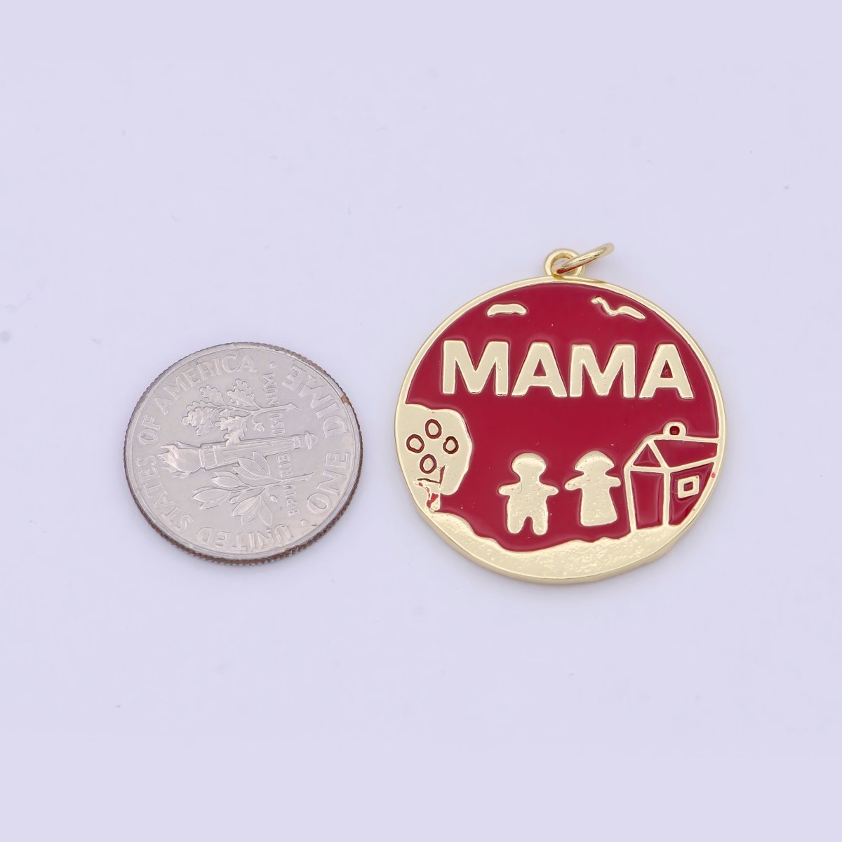 Gold Red Enamel Mama Coin Charm Family Jewelry for Mother Day gift Necklace Bracelet W-159 - DLUXCA