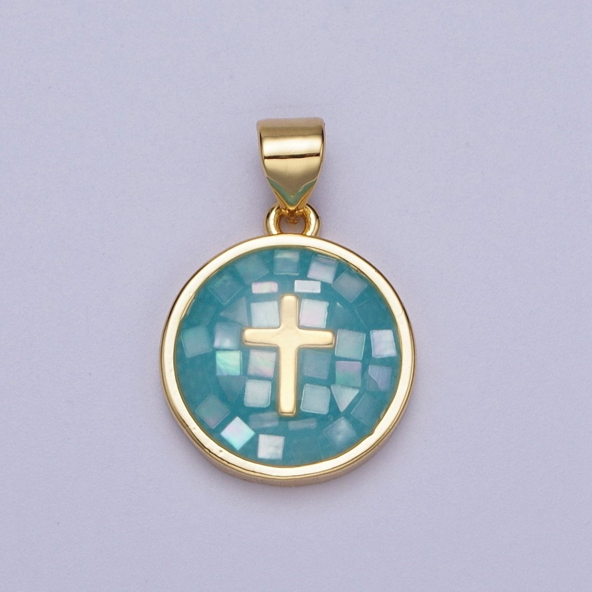 Gold Religious Cross Pink, White, Teal, Abalone, Green Shell Opal Round Pendant I-075 I-829 I-847 I-881 I-887