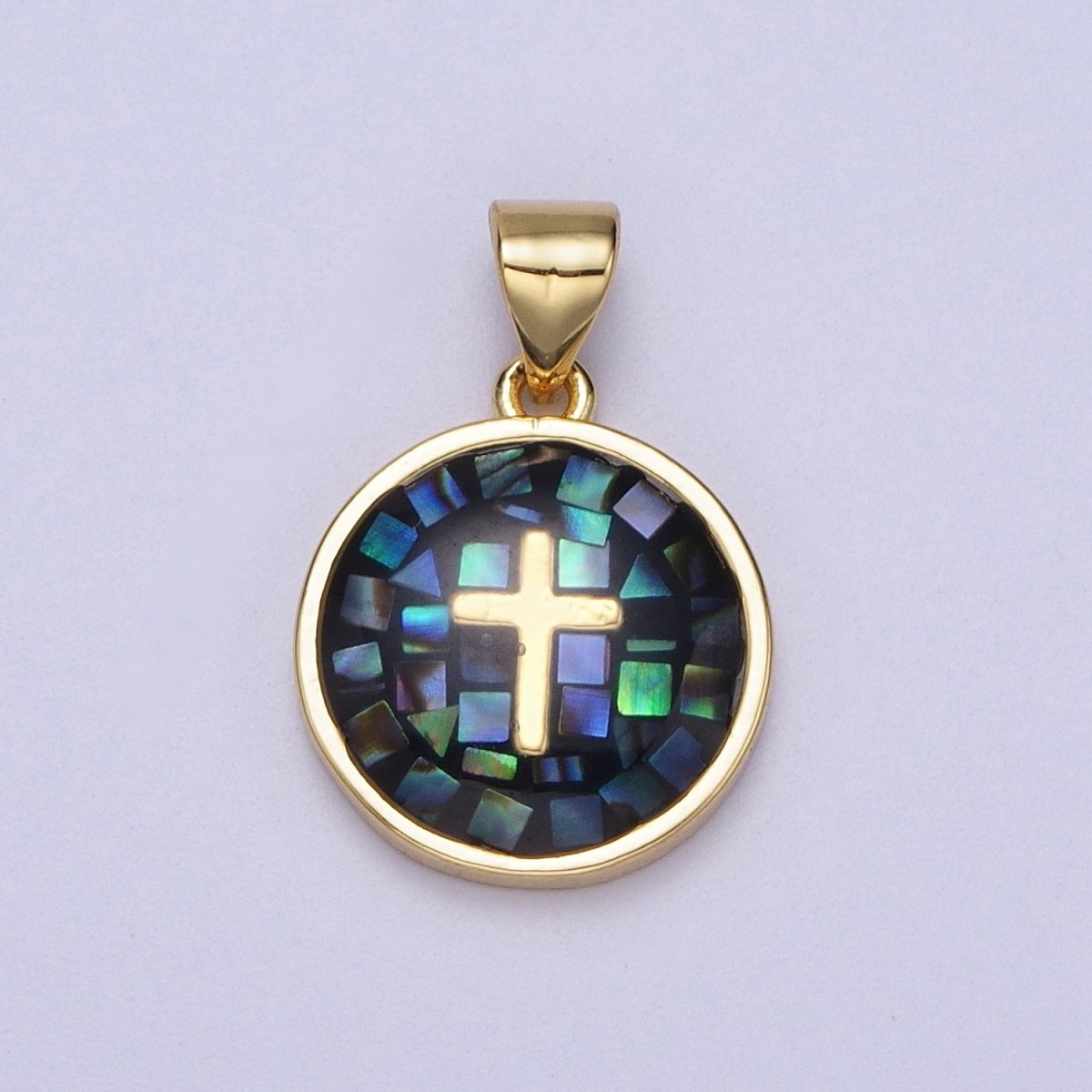Gold Religious Cross Pink, White, Teal, Abalone, Green Shell Opal Round Pendant I-075 I-829 I-847 I-881 I-887
