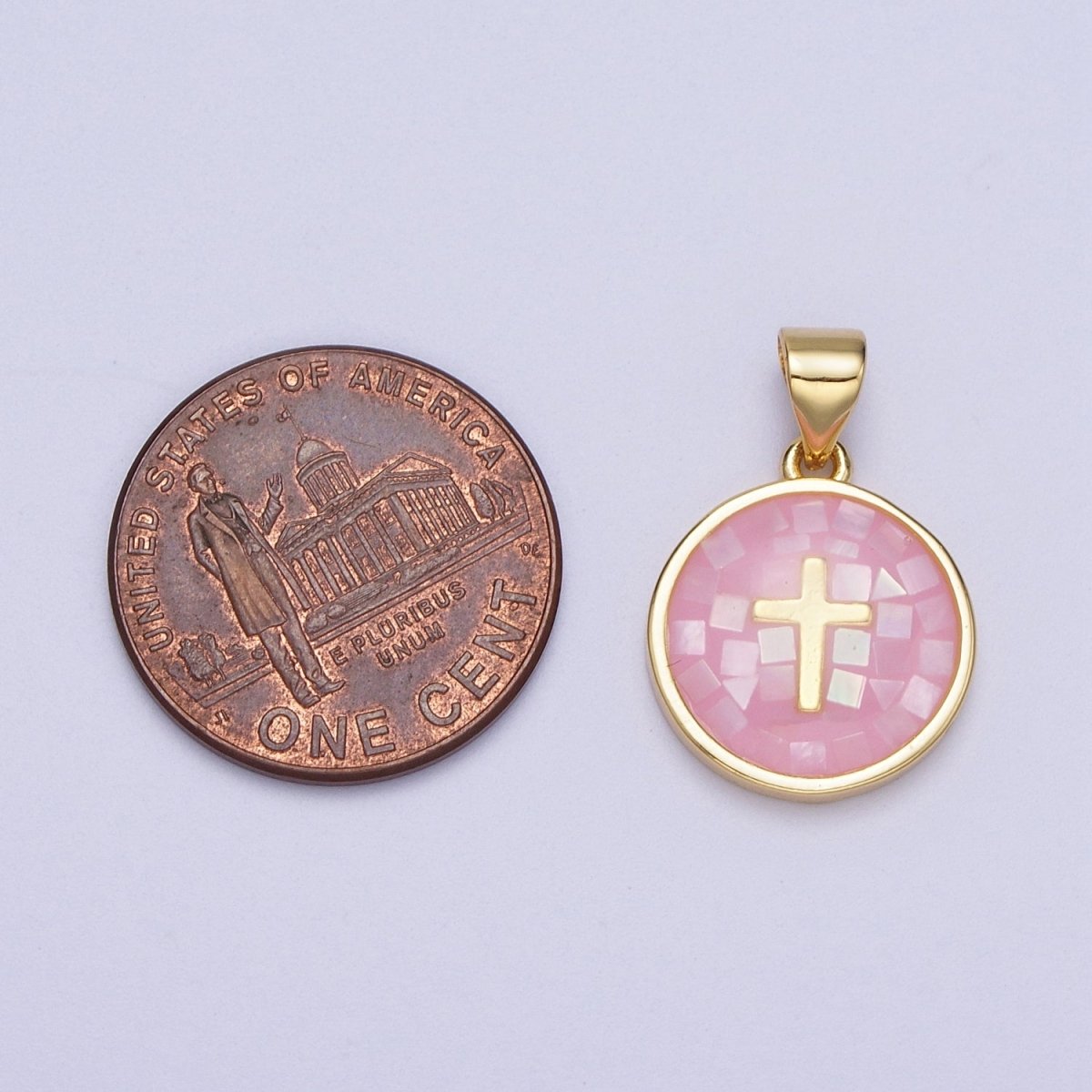 Gold Religious Cross Pink, White, Teal, Abalone, Green Shell Opal Round Pendant I-075 I-829 I-847 I-881 I-887