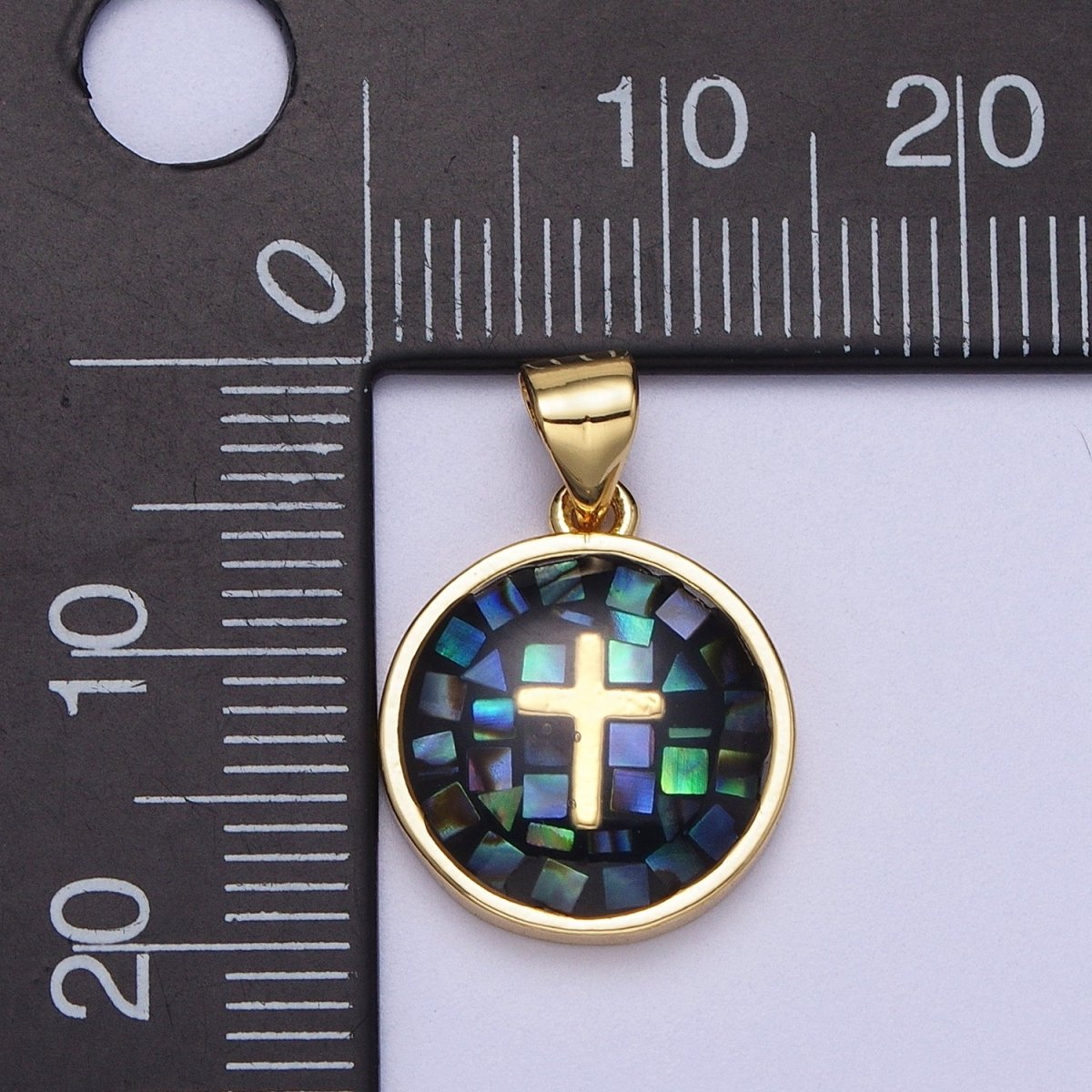 Gold Religious Cross Pink, White, Teal, Abalone, Green Shell Opal Round Pendant I-075 I-829 I-847 I-881 I-887