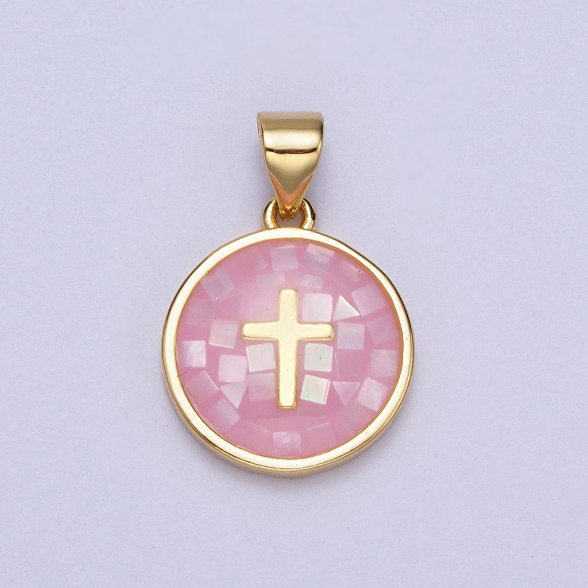 Gold Religious Cross Pink, White, Teal, Abalone, Green Shell Opal Round Pendant I-075 I-829 I-847 I-881 I-887