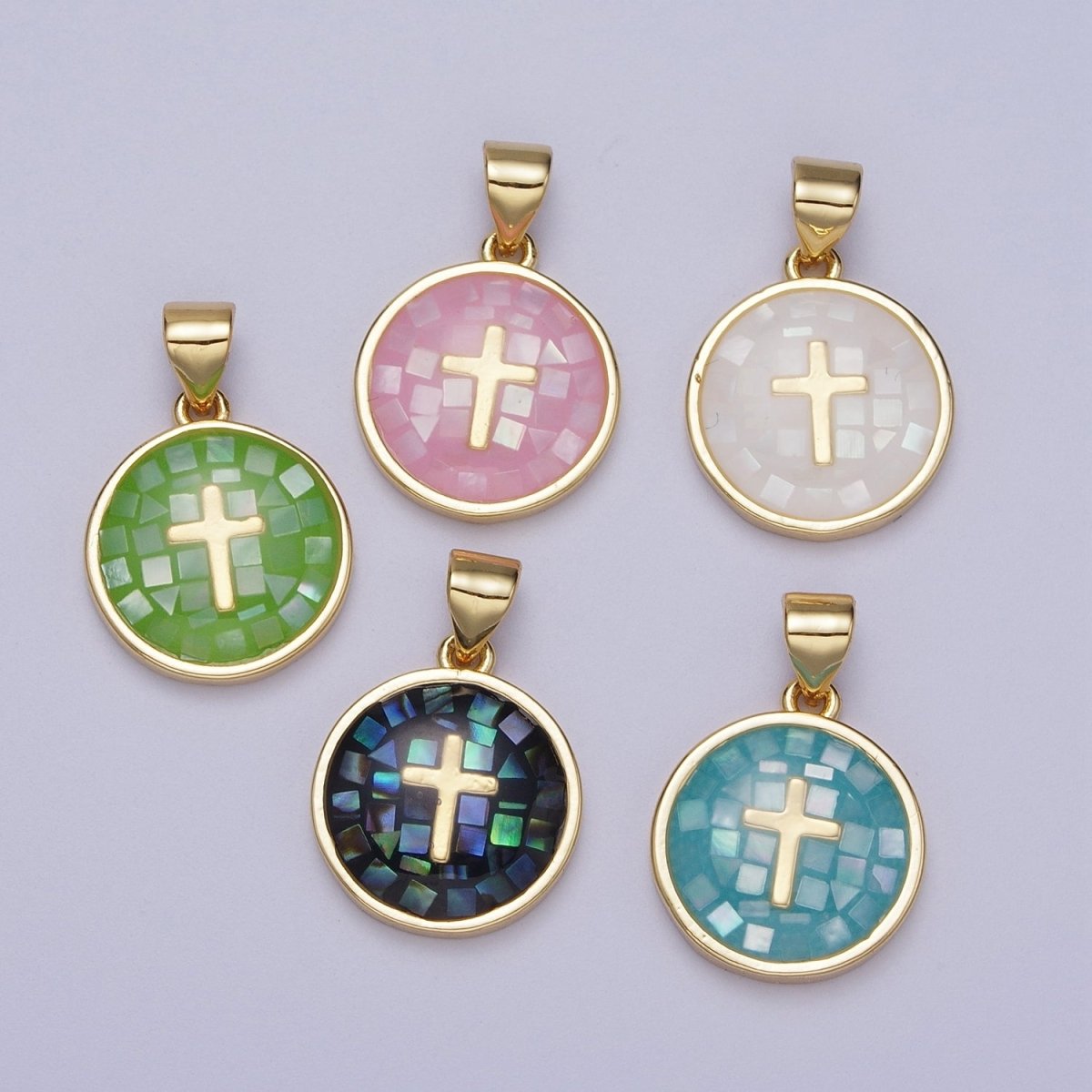 Gold Religious Cross Pink, White, Teal, Abalone, Green Shell Opal Round Pendant I-075 I-829 I-847 I-881 I-887