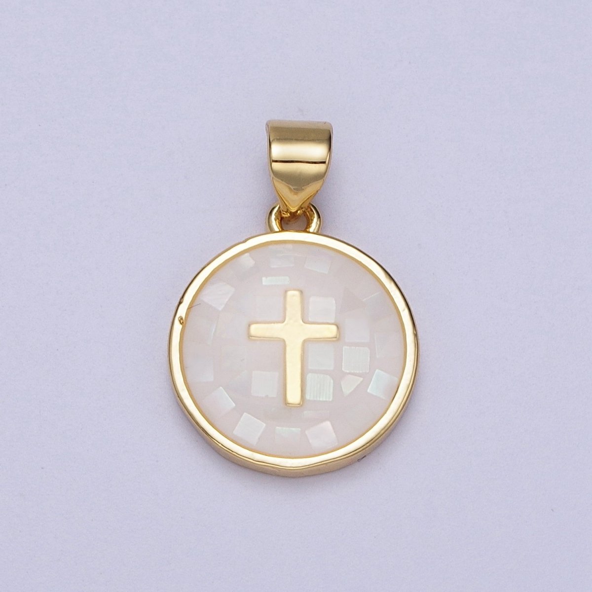Gold Religious Cross Pink, White, Teal, Abalone, Green Shell Opal Round Pendant I-075 I-829 I-847 I-881 I-887