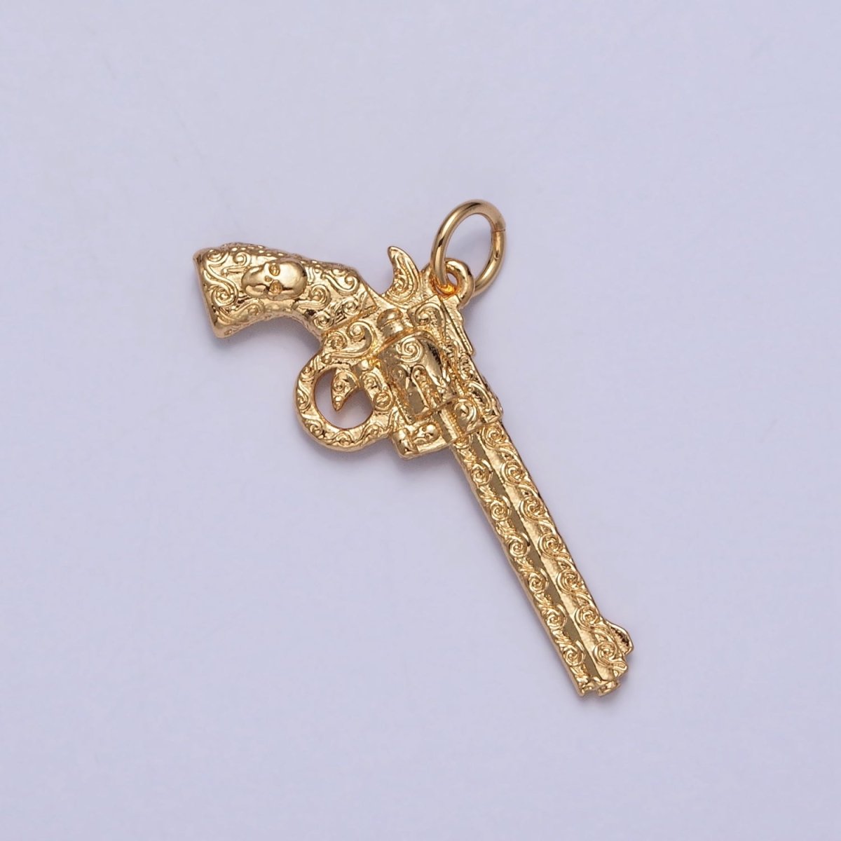 Gold Revolver Pistol Gun w. Wave Curls Patterns & Skull Handle Charm | X-142