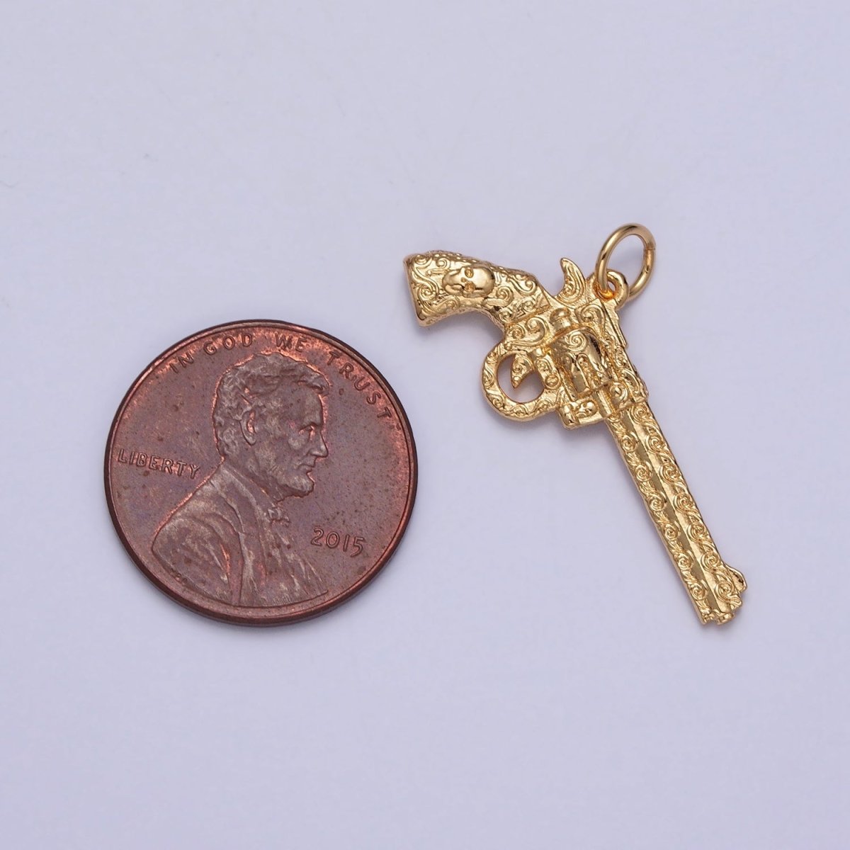Gold Revolver Pistol Gun w. Wave Curls Patterns & Skull Handle Charm | X-142