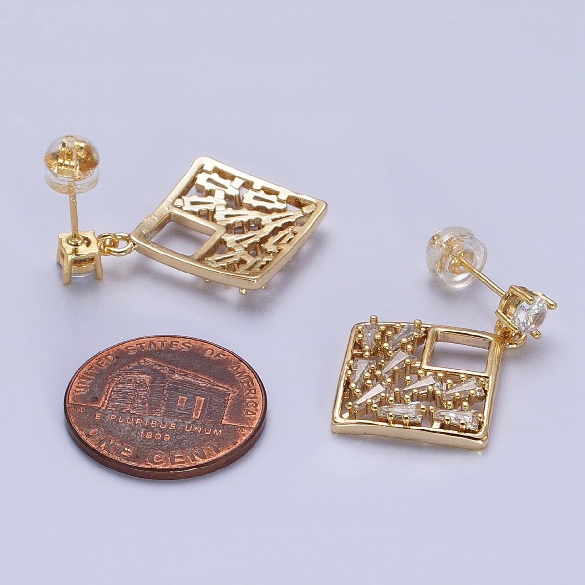 Gold Rhombus Dangle Stud Earring Clear Cz Micro Pave Baguette Stone Statement Earring AB668 - DLUXCA