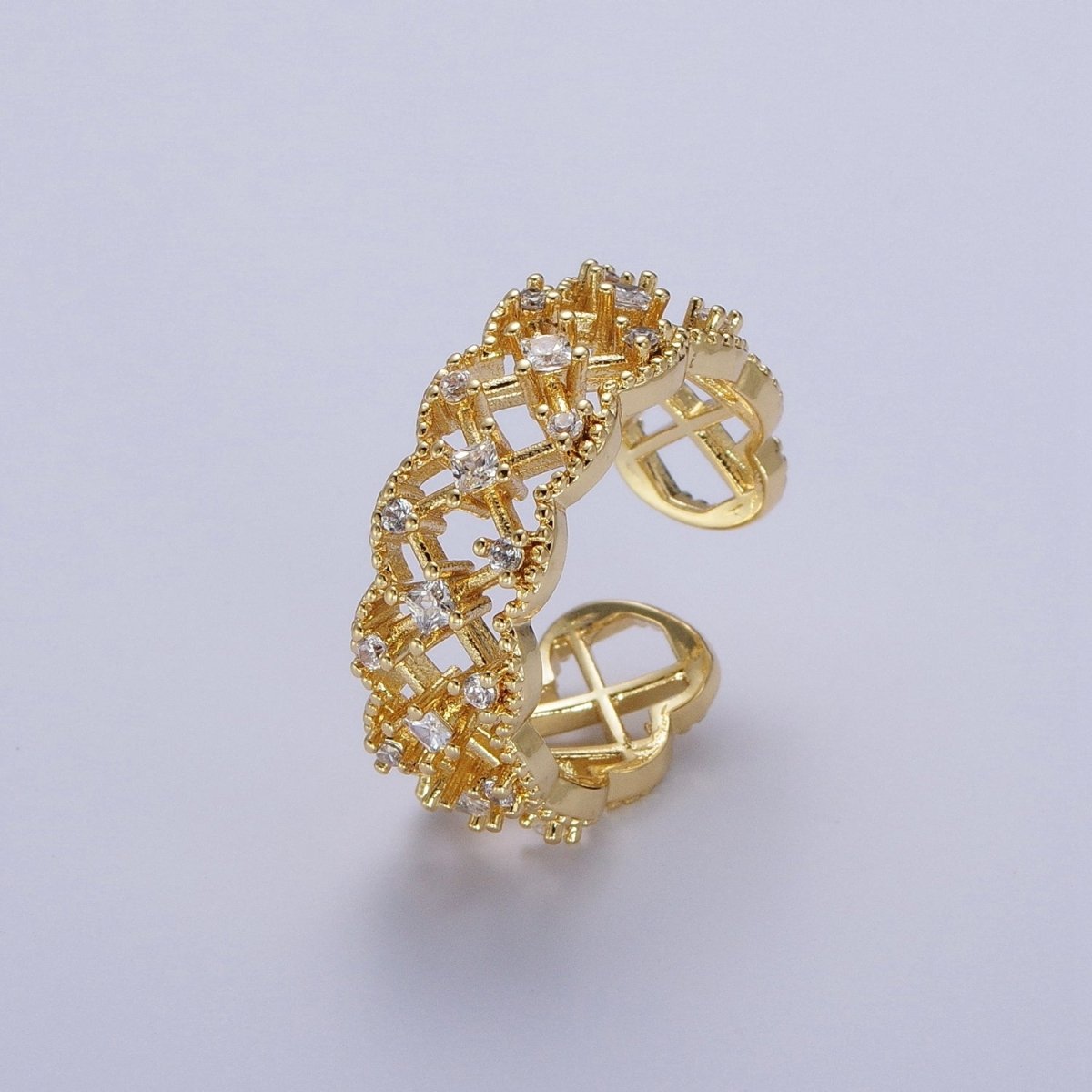 Gold Rhombus Engraved Mini Cubic Zirconia Adjustable Cloud Ring | O-1983 - DLUXCA