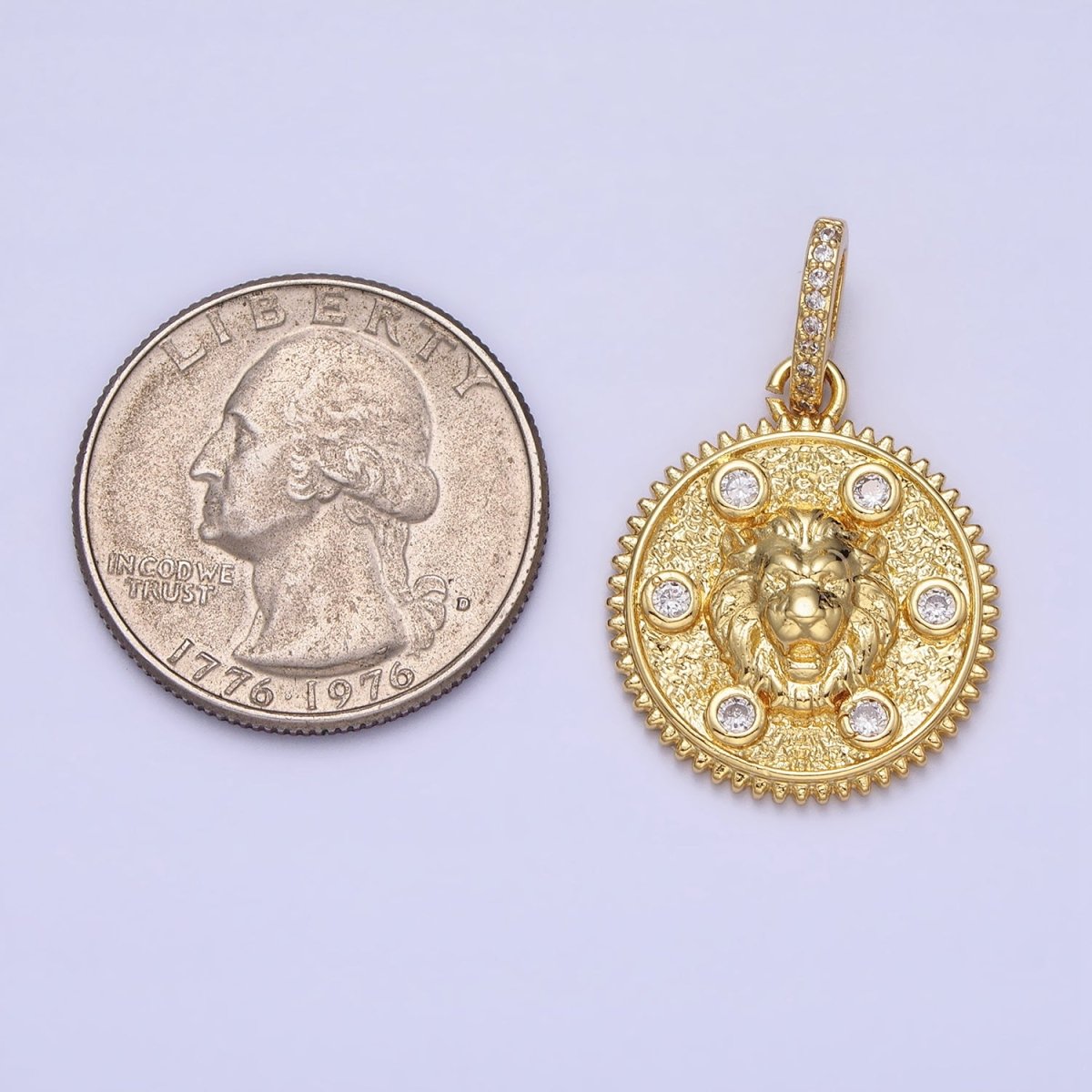 Gold Roaring Lion Clear Round CZ Micro Paved Bail Textured Animal Medallion Pendant | AA159 - DLUXCA