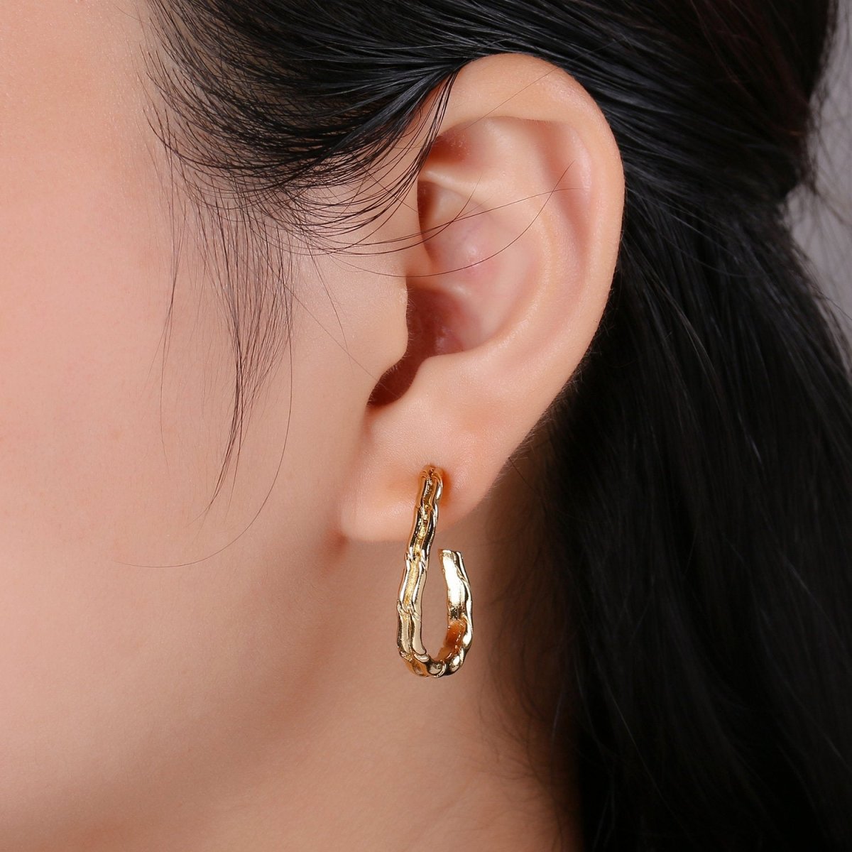 Gold Rustic Huggie Hoop Earrings, Chunky Earring Hoops, Simple Minimalist Hoop Earrings Q-174 - DLUXCA