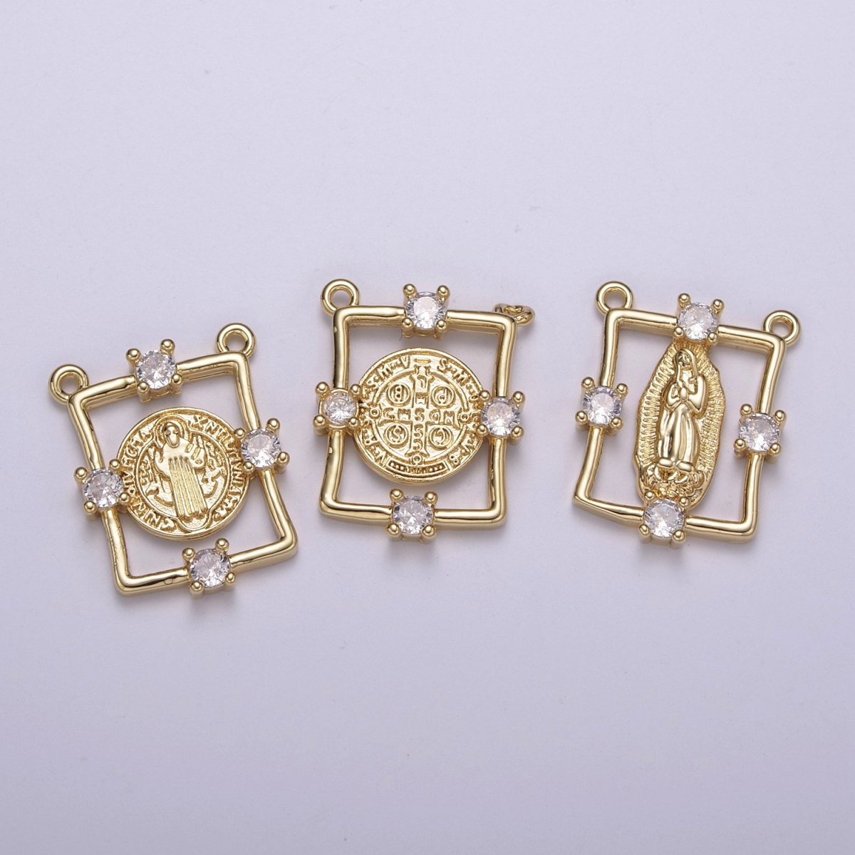 Gold Saint St Benedict, Lady Guadalupe Medallion Protection Square Charms Connector Necklace Pendant, Religious Necklace Charms, 20.6*16mm Y-422 - Y-424