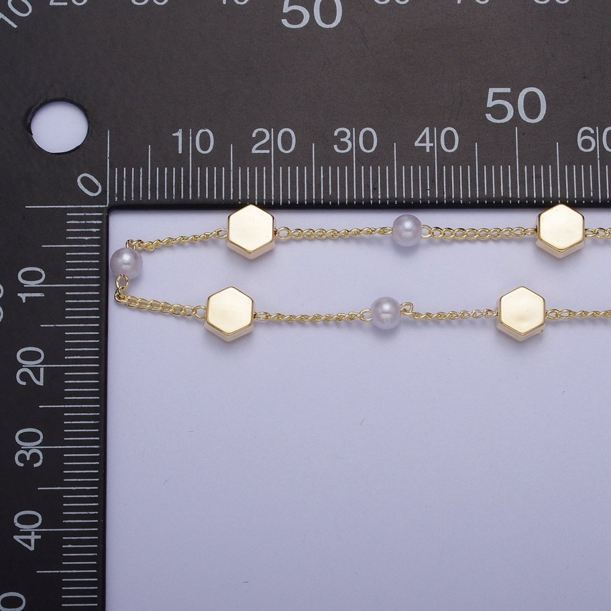 Gold Satellite Pearl & Hexagonal Bead Chain Wholesale by Yard For DIY Jewelry Making Component | ROLL-842 Clearance Pricing - DLUXCA