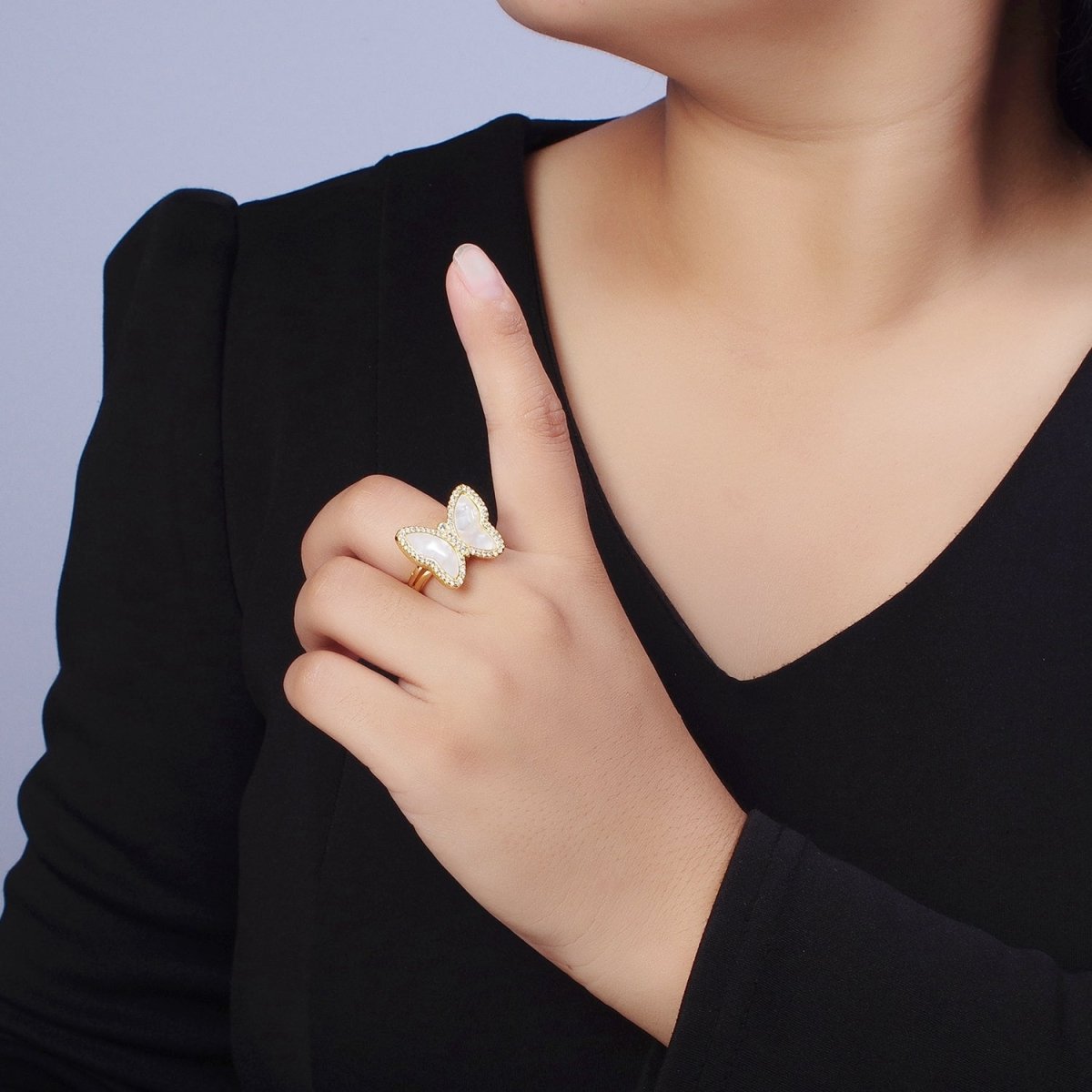 Gold Shell Pearl Butterfly Mariposa Micro Paved CZ Adjustable Double Band Ring | Y-443 - DLUXCA