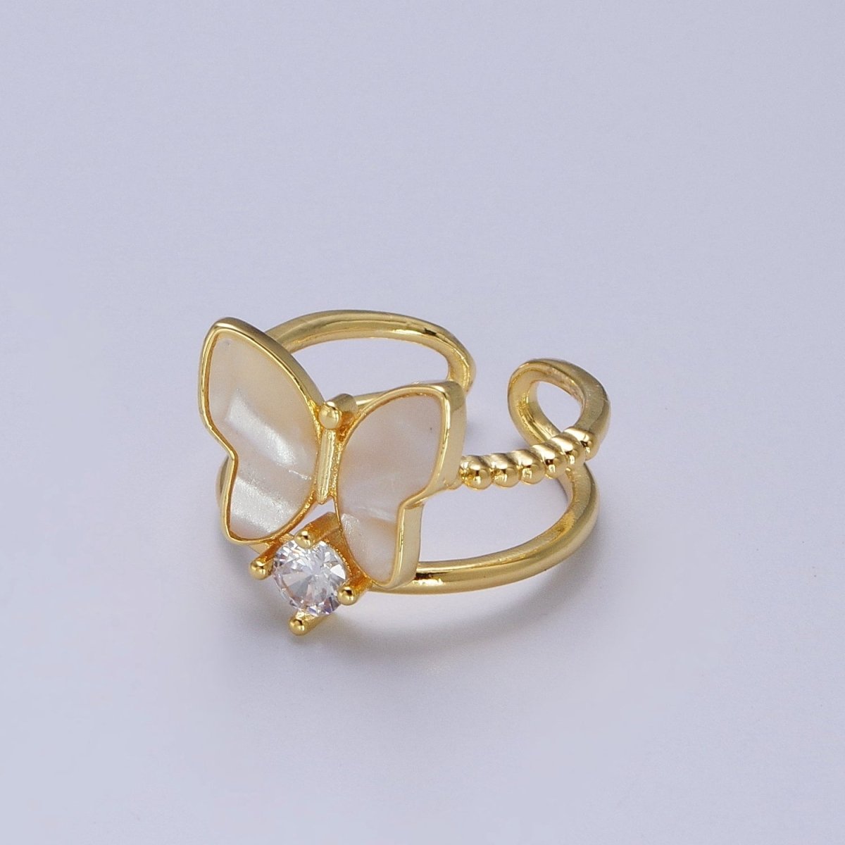 Gold Shell Pearl Butterfly Mariposa Round Clear CZ Adjustable Beaded Double Band Ring | O-150
