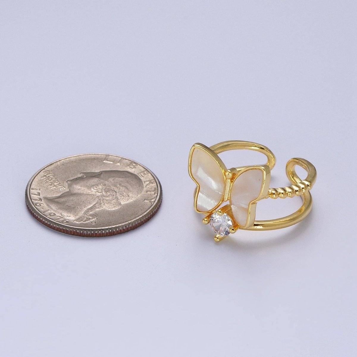 Gold Shell Pearl Butterfly Mariposa Round Clear CZ Adjustable Beaded Double Band Ring | O-150