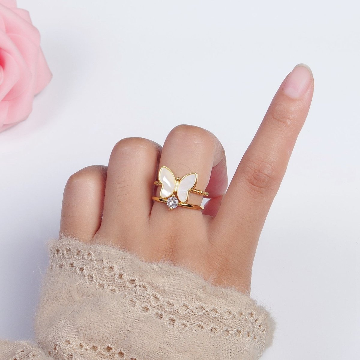Gold Shell Pearl Butterfly Mariposa Round Clear CZ Adjustable Beaded Double Band Ring | O-150