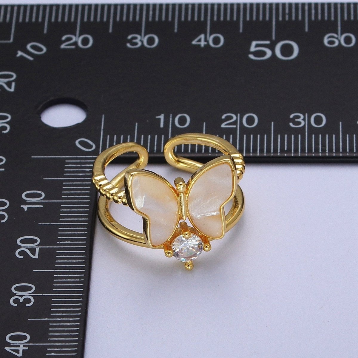 Gold Shell Pearl Butterfly Mariposa Round Clear CZ Adjustable Beaded Double Band Ring | O-150