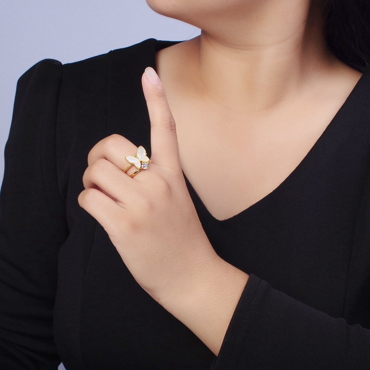 Gold Shell Pearl Butterfly Mariposa Round Clear CZ Adjustable Beaded Double Band Ring | O-150