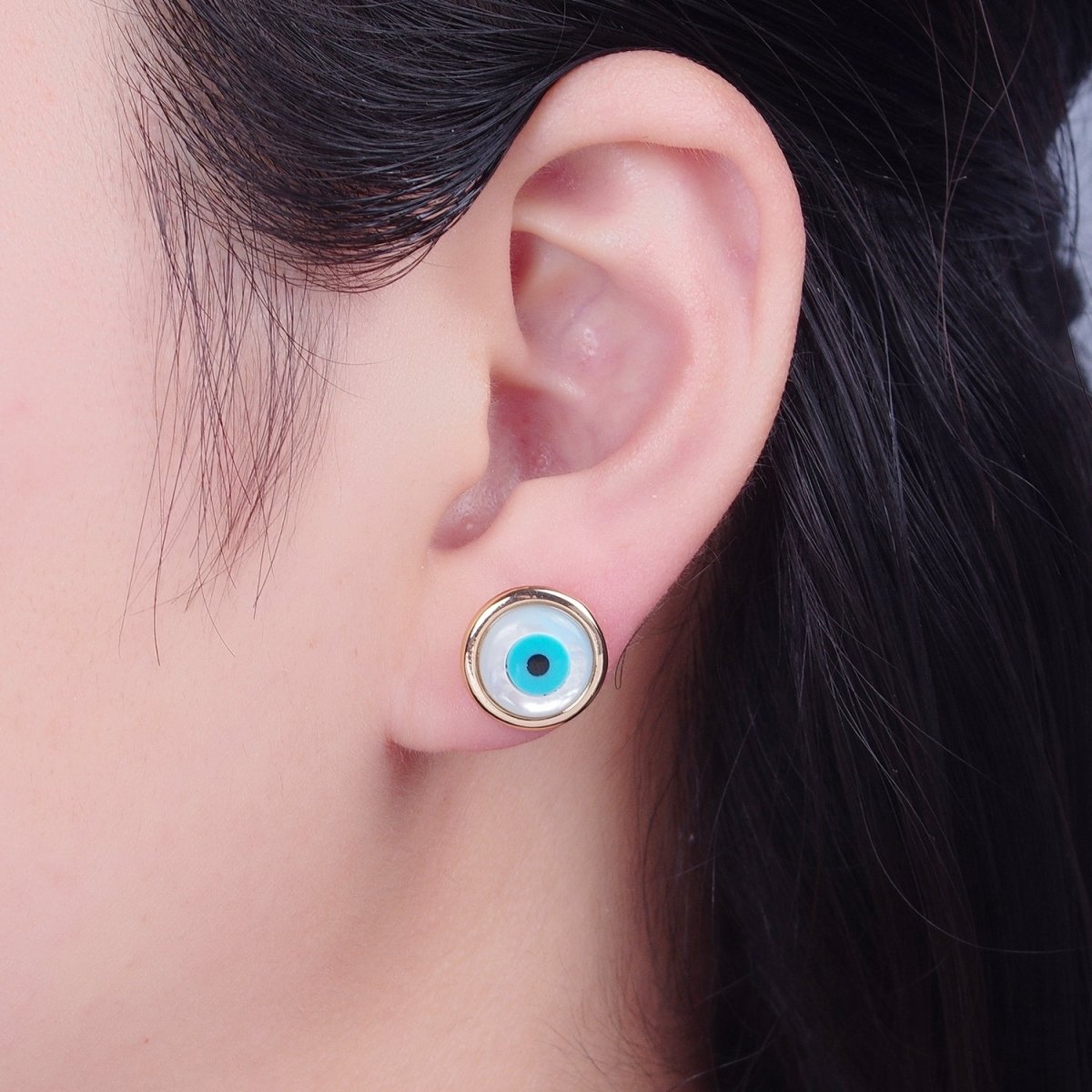 Gold Shell Pearl Round Evil Eye Stud Earring T-466 - DLUXCA