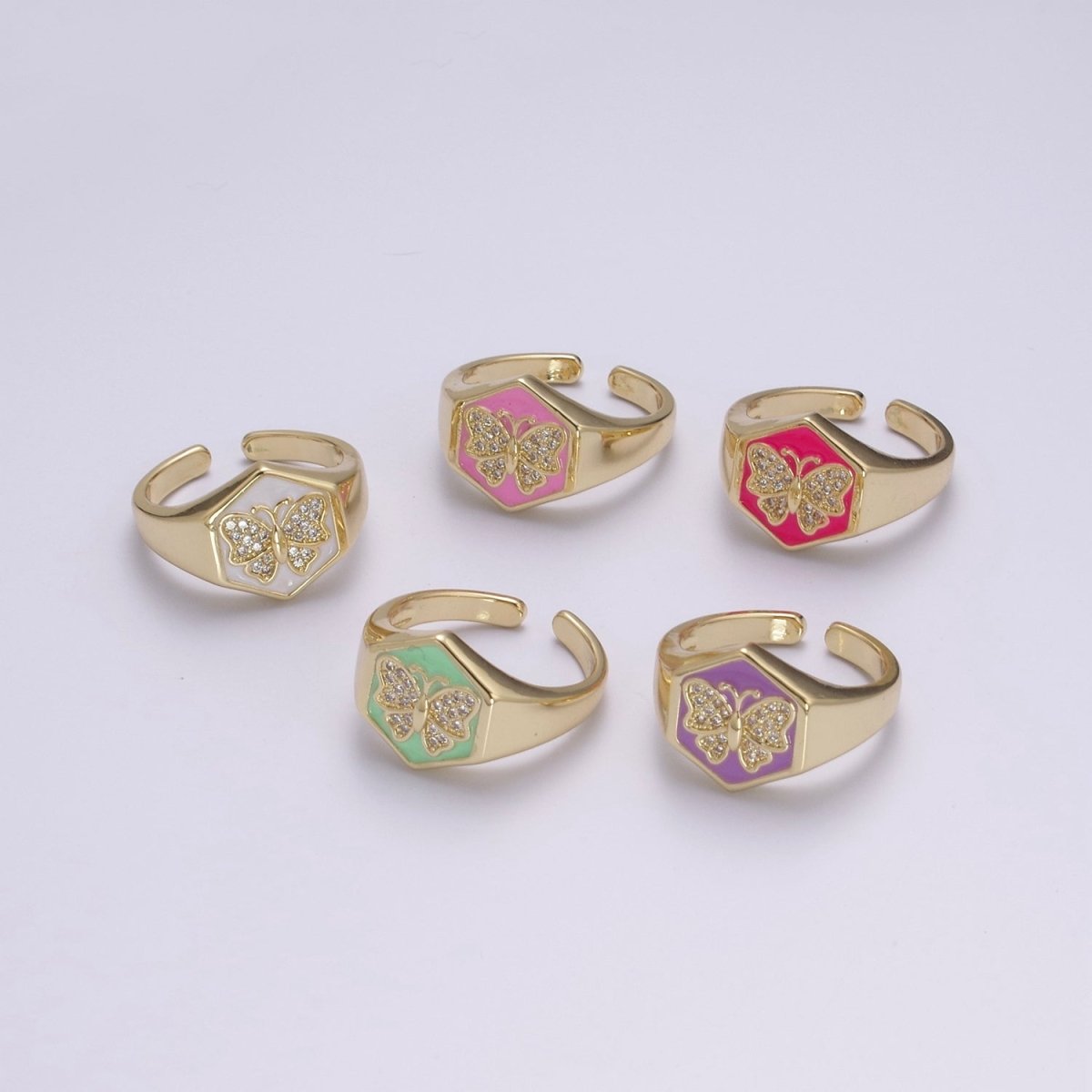 Gold signet ring, Butterfly signet ring, Enamel ring gold butterfly ring Stackable Jewelry U-171~U-175