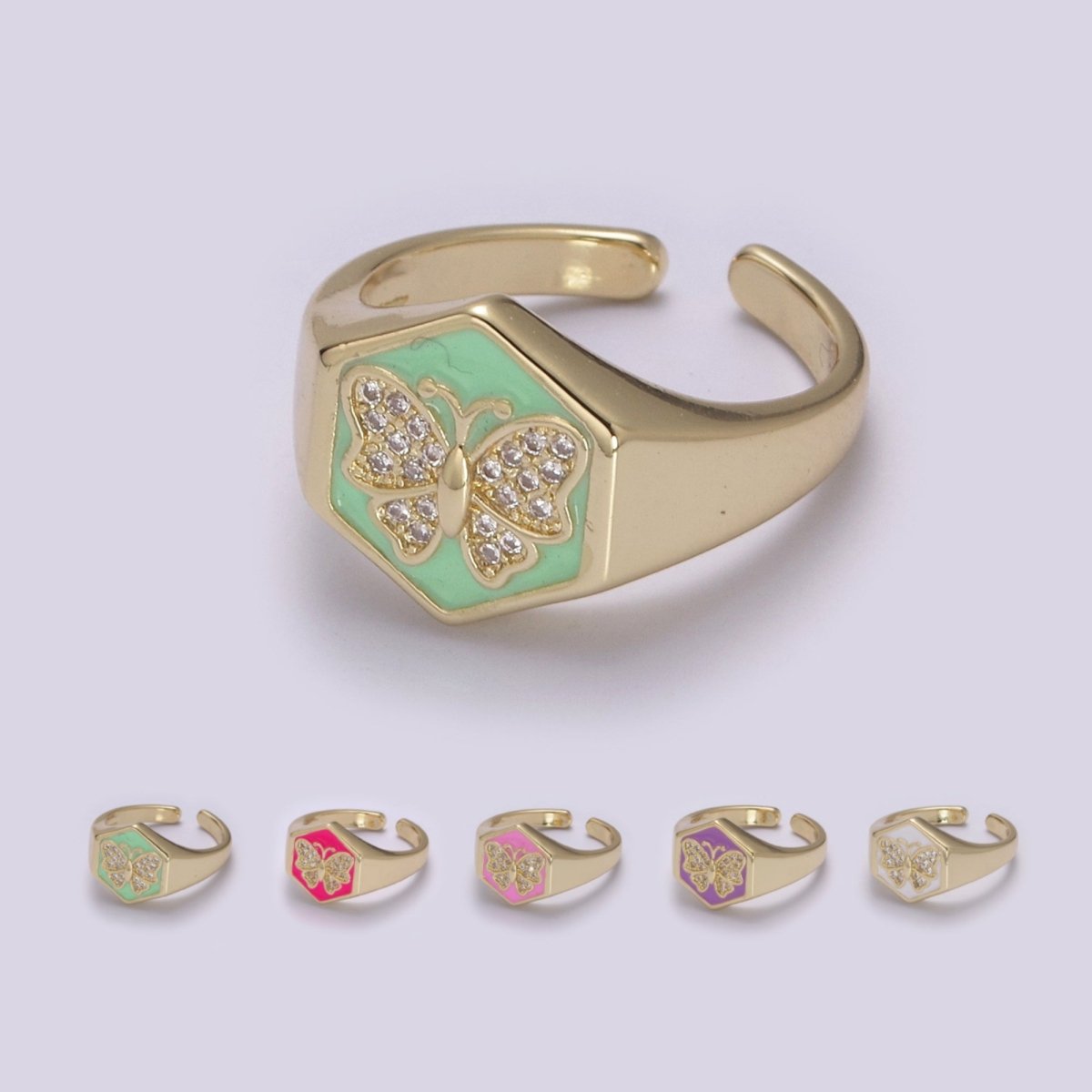Gold signet ring, Butterfly signet ring, Enamel ring gold butterfly ring Stackable Jewelry U-171~U-175