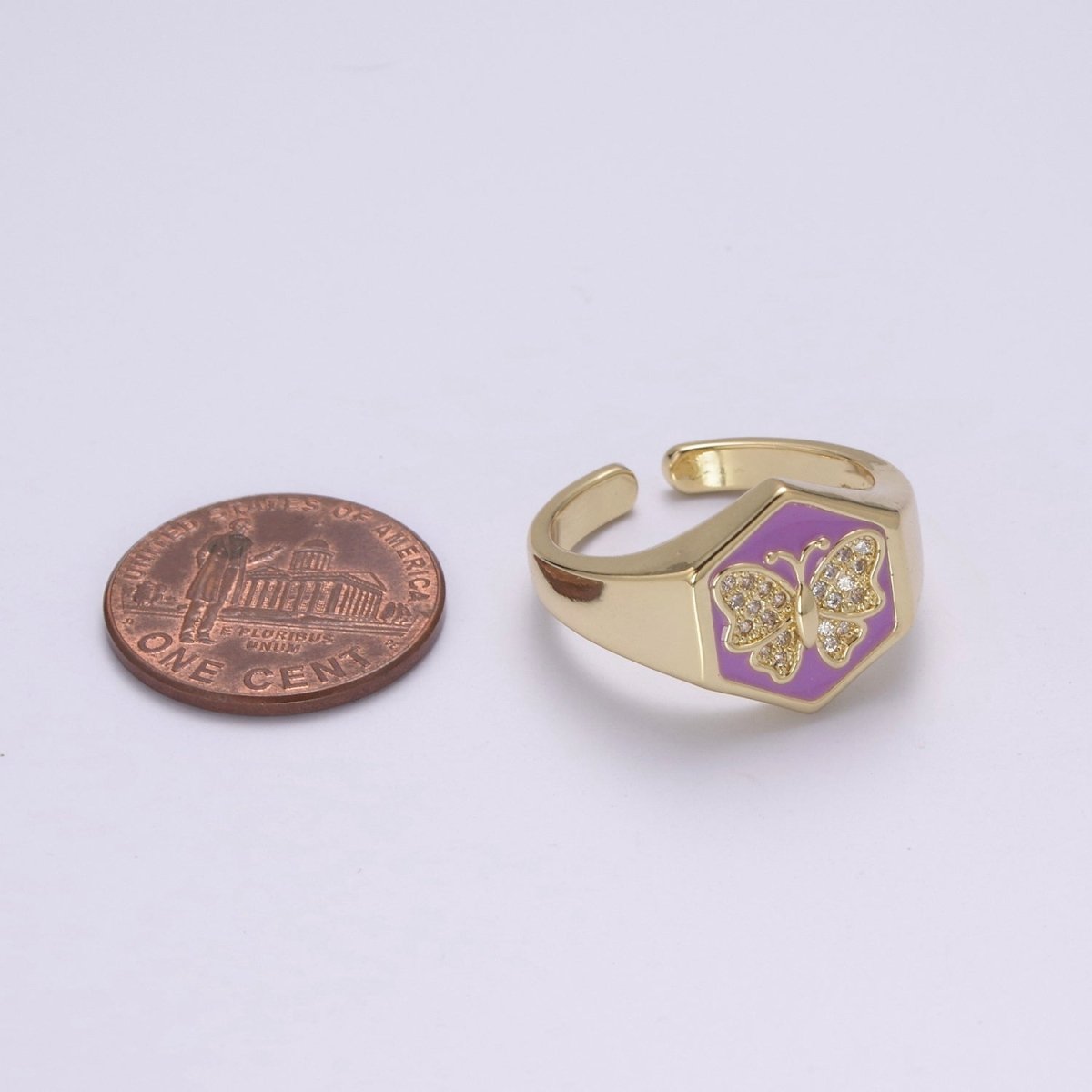 Gold signet ring, Butterfly signet ring, Enamel ring gold butterfly ring Stackable Jewelry U-171~U-175