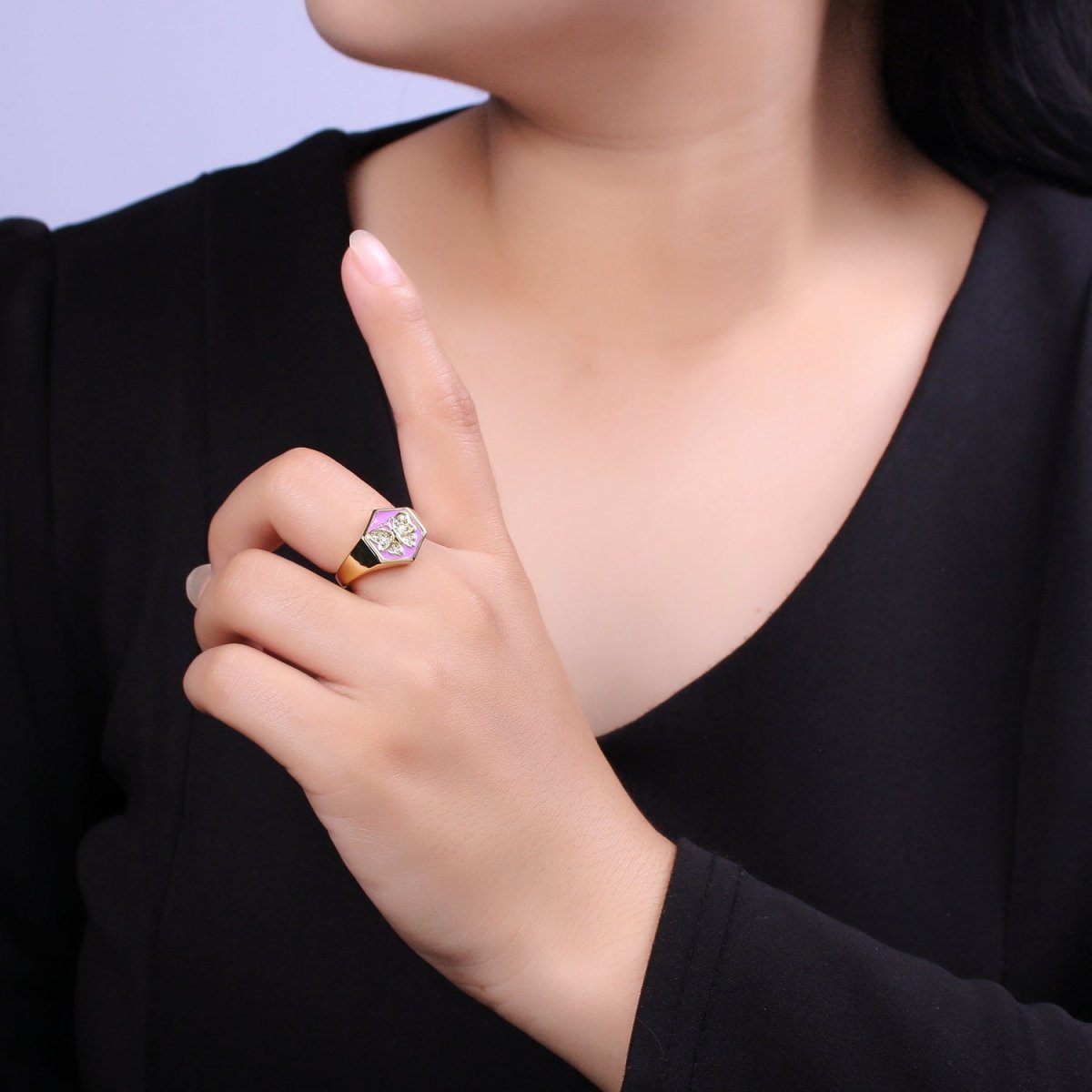 Gold signet ring, Butterfly signet ring, Enamel ring gold butterfly ring Stackable Jewelry U-171~U-175