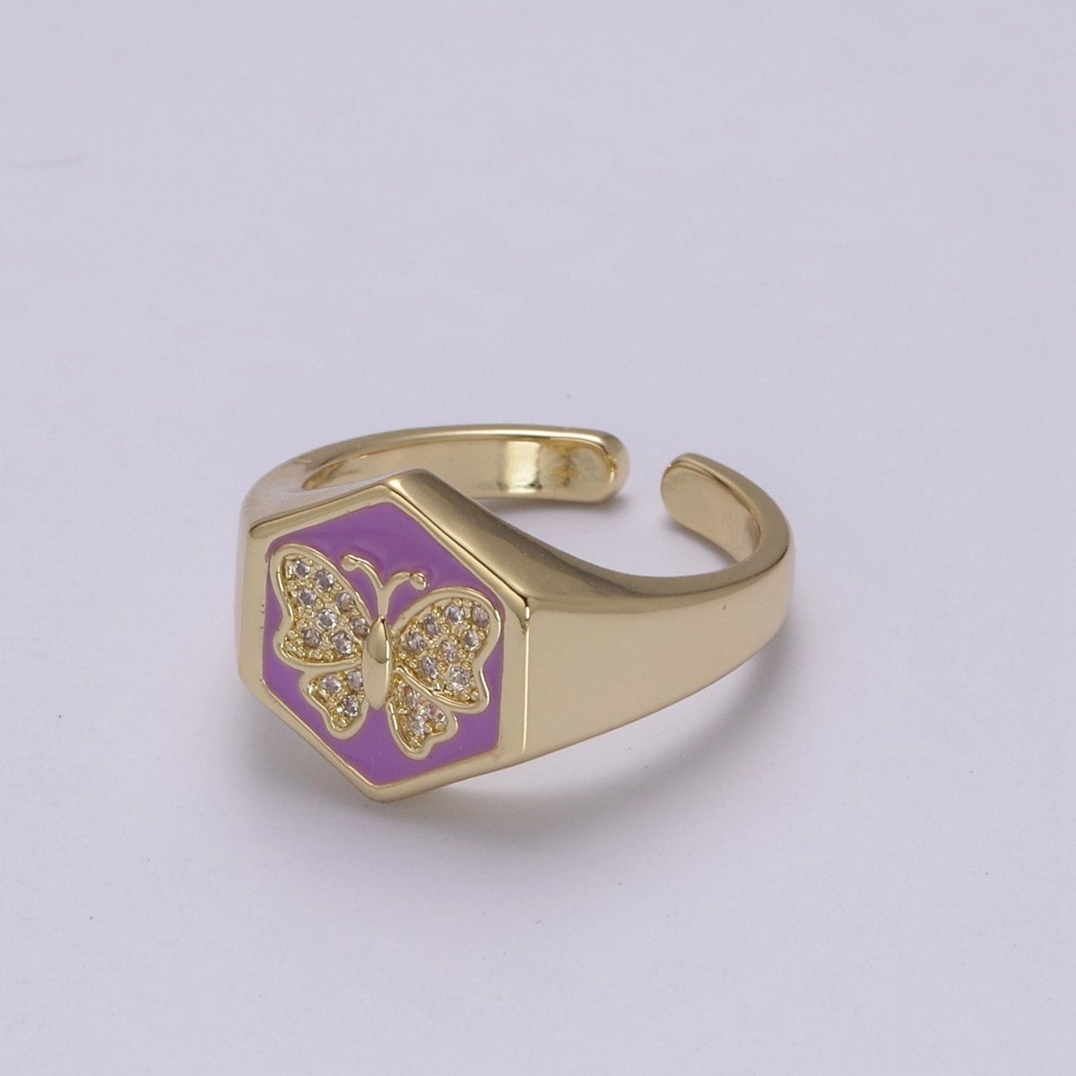 Gold signet ring, Butterfly signet ring, Enamel ring gold butterfly ring Stackable Jewelry U-171~U-175