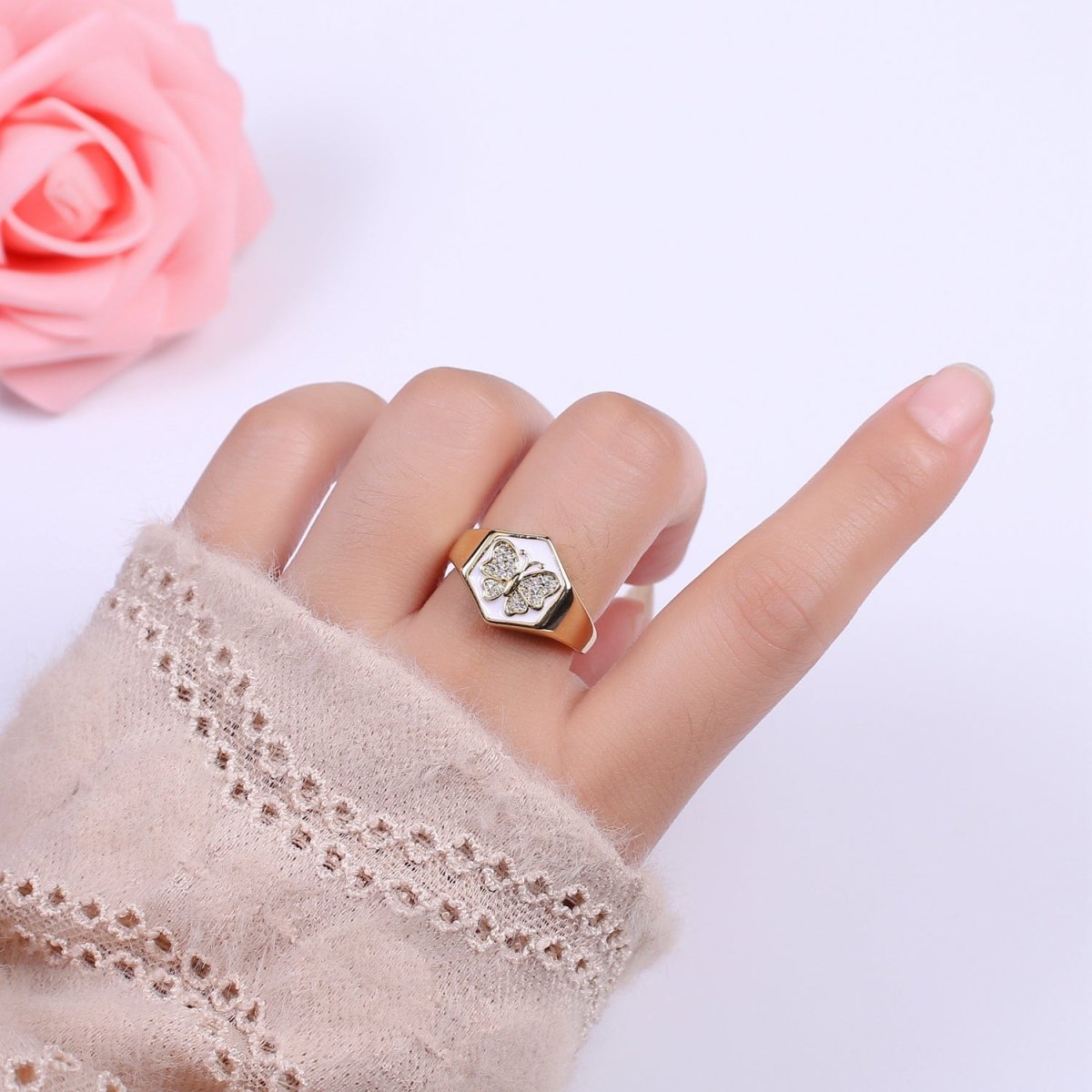 Gold signet ring, Butterfly signet ring, Enamel ring gold butterfly ring Stackable Jewelry U-171~U-175