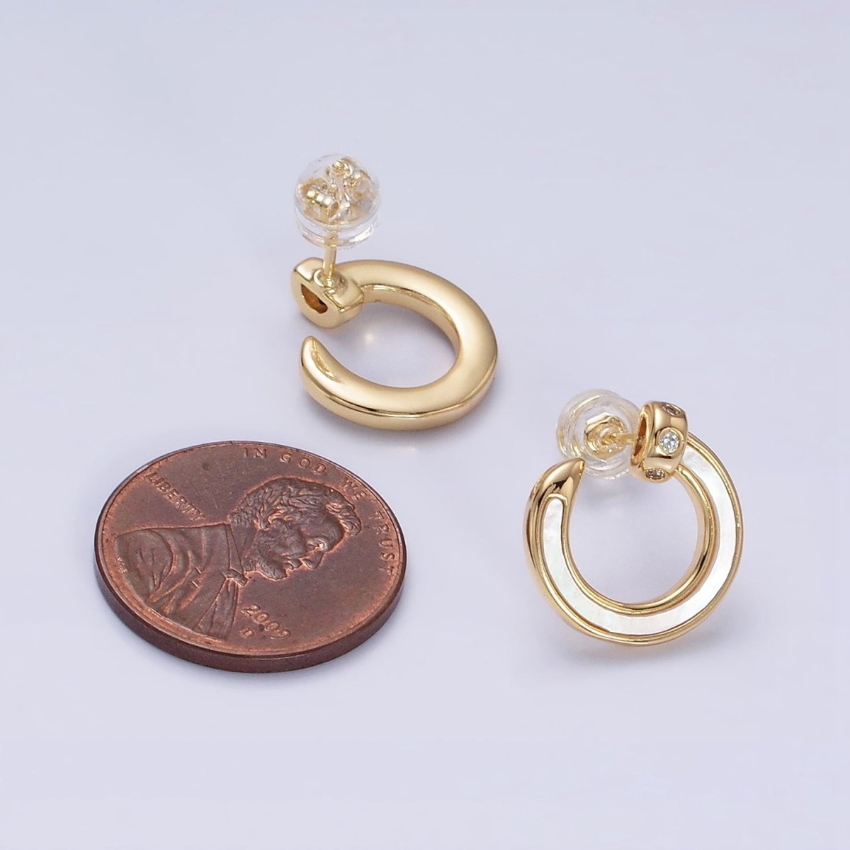 Gold, Silver 15mm Circular Nail Stud White Pearl Lined Earrings | AD984 AD985