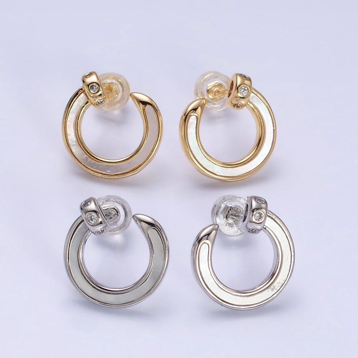 Gold, Silver 15mm Circular Nail Stud White Pearl Lined Earrings | AD984 AD985