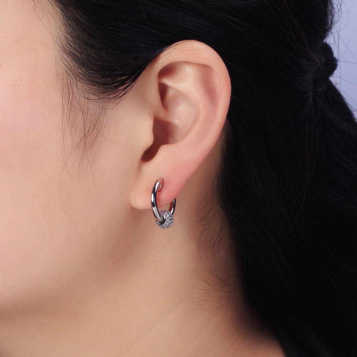 Gold, Silver 16mm Hoop Clear Micro Paved CZ Shambala Bead Earrings | AB398 AB399