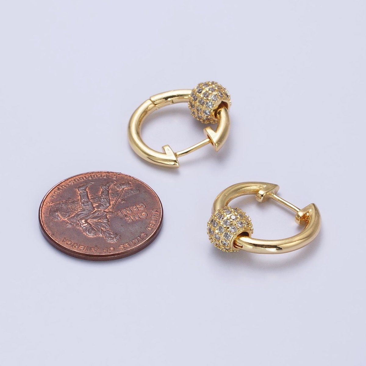 Gold, Silver 16mm Hoop Clear Micro Paved CZ Shambala Bead Earrings | AB398 AB399