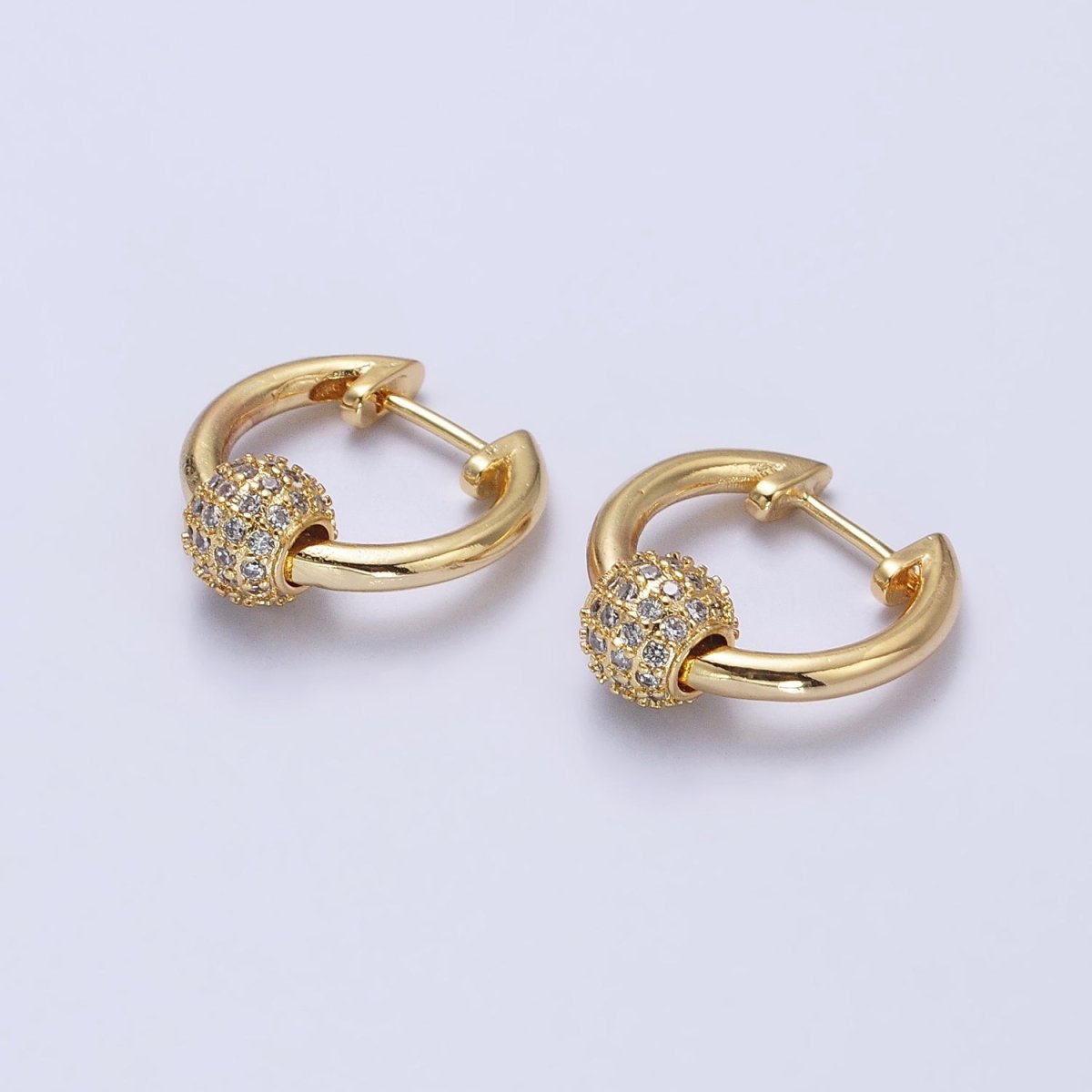 Gold, Silver 16mm Hoop Clear Micro Paved CZ Shambala Bead Earrings | AB398 AB399