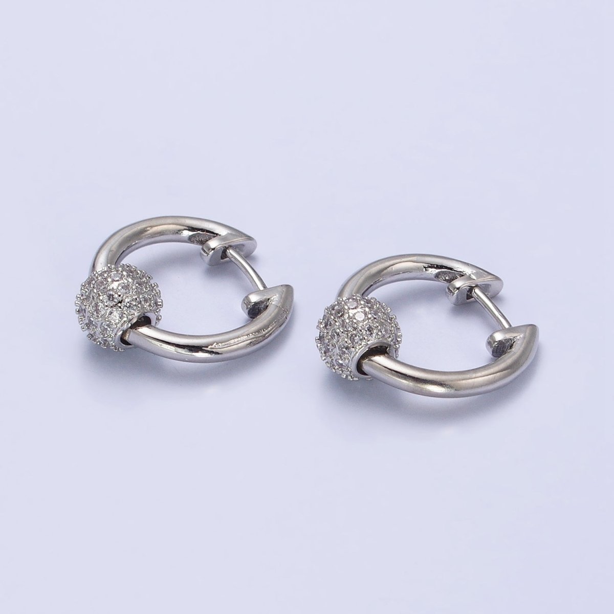 Gold, Silver 16mm Hoop Clear Micro Paved CZ Shambala Bead Earrings | AB398 AB399