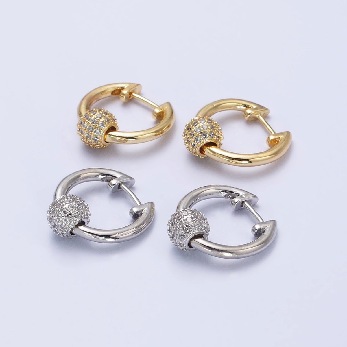 Gold, Silver 16mm Hoop Clear Micro Paved CZ Shambala Bead Earrings | AB398 AB399