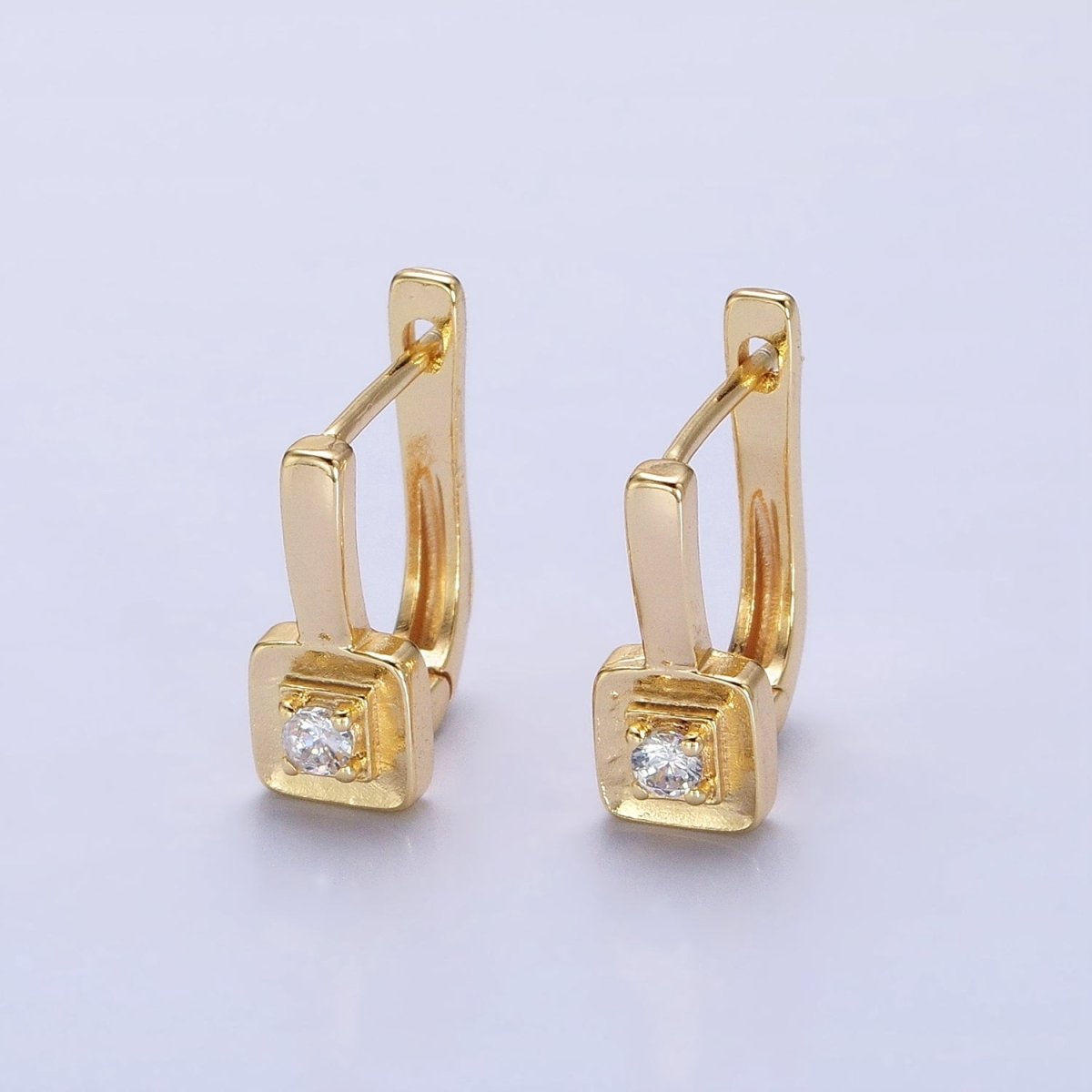 Gold, Silver 16mm U-Shaped Oblong Square CZ Geometric English Lock Earrings | AB778 AB1550