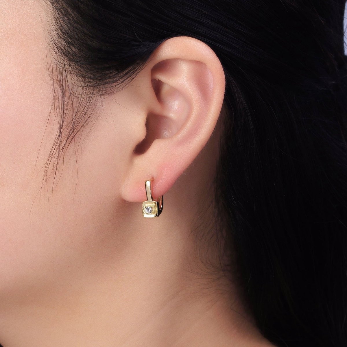 Gold, Silver 16mm U-Shaped Oblong Square CZ Geometric English Lock Earrings | AB778 AB1550