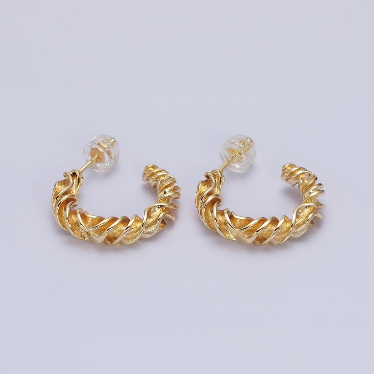 Gold, Silver 20mm Abstract Twist Foil Geometric C-Shaped Hoop Earrings | AB589 AB590