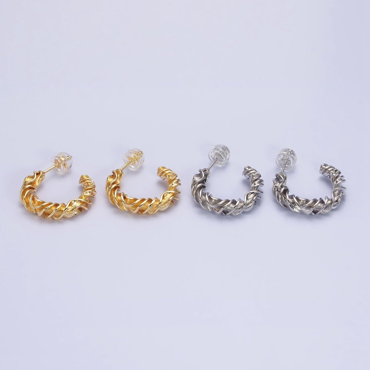 Gold, Silver 20mm Abstract Twist Foil Geometric C-Shaped Hoop Earrings | AB589 AB590