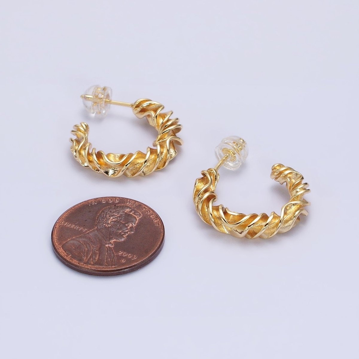Gold, Silver 20mm Abstract Twist Foil Geometric C-Shaped Hoop Earrings | AB589 AB590