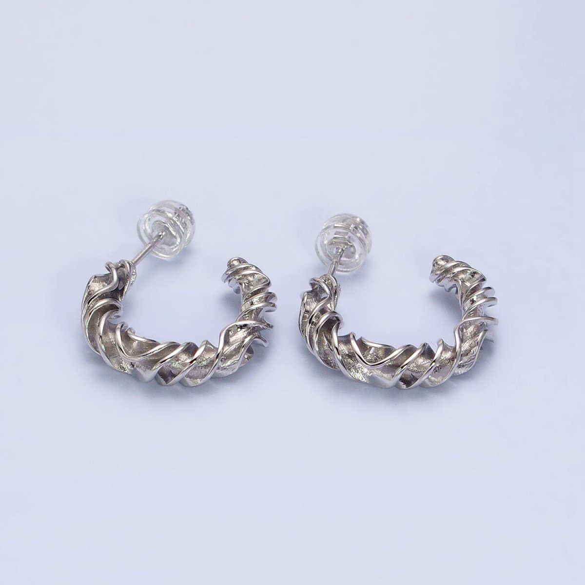Gold, Silver 20mm Abstract Twist Foil Geometric C-Shaped Hoop Earrings | AB589 AB590
